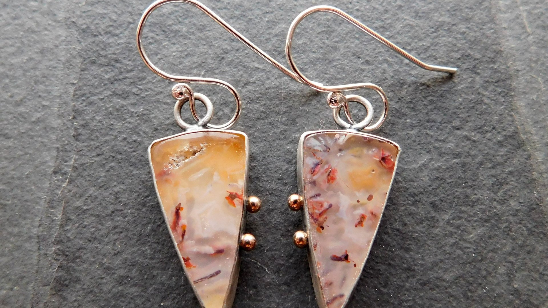 Gold Rust Confetti Chrysocolla Malachite With Copper Stone Oxidized Sterling Silver 14K Gold Accent Earrings