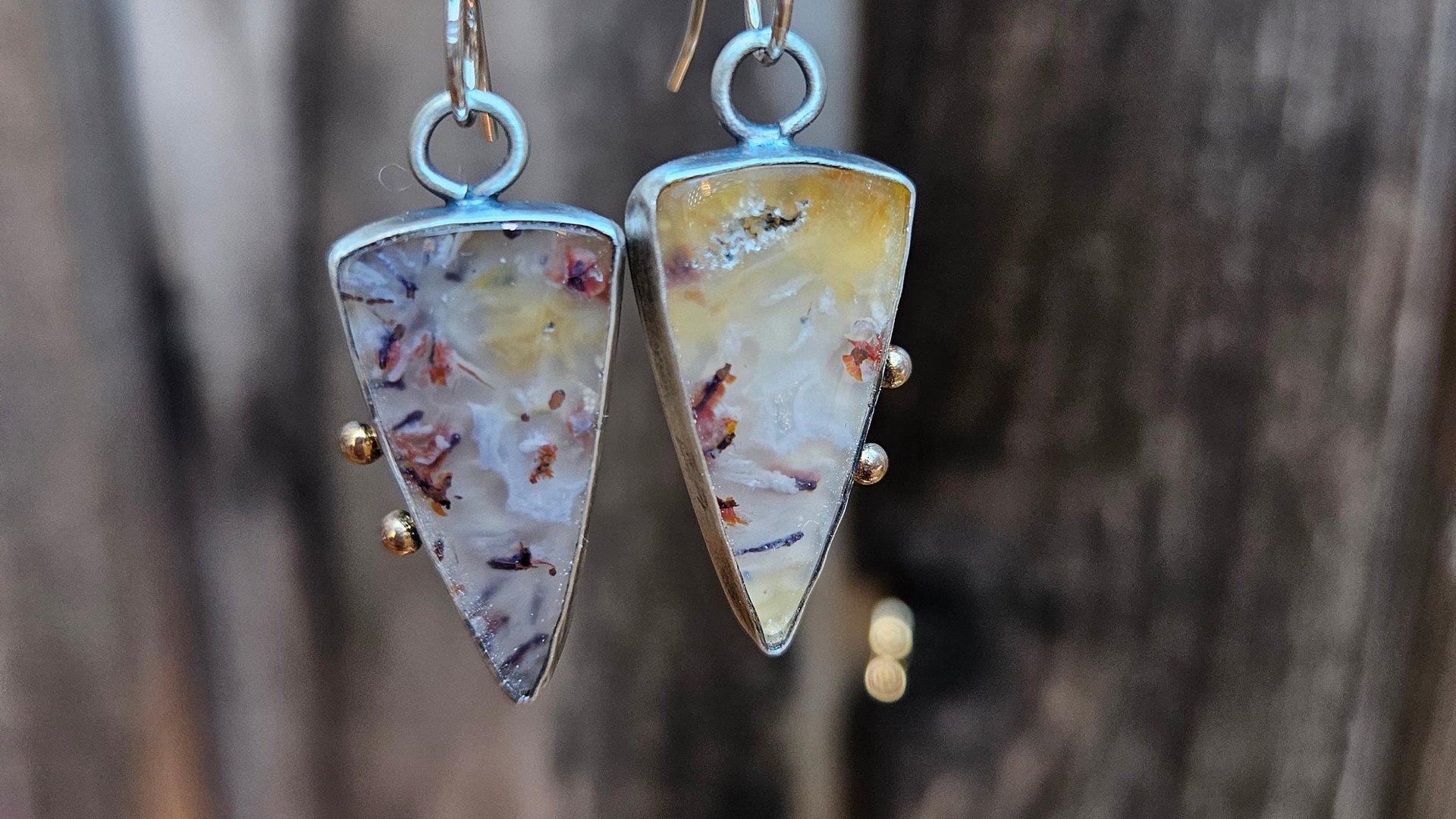 Gold Rust Confetti Chrysocolla Malachite With Copper Stone Oxidized Sterling Silver 14K Gold Accent Earrings