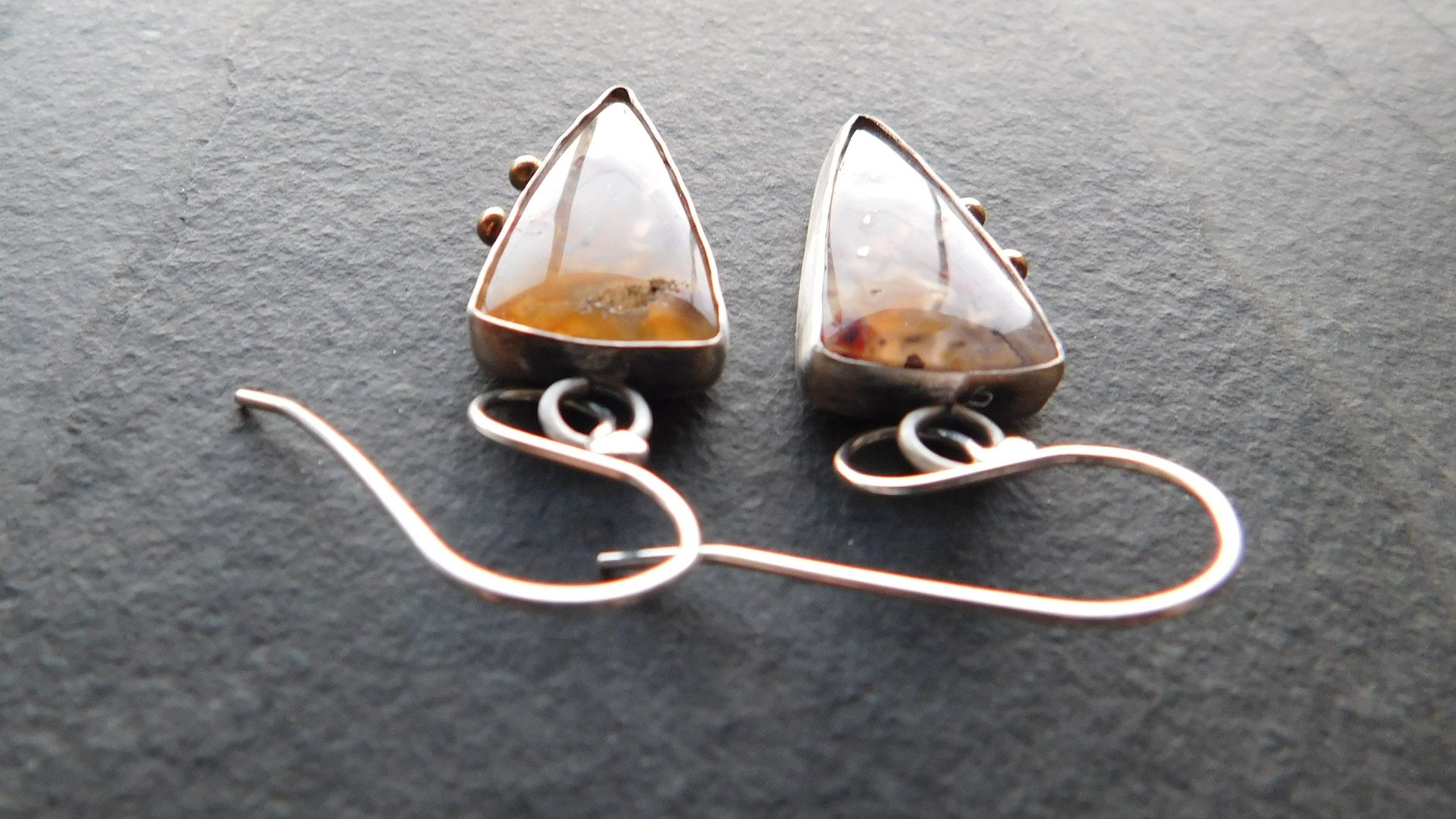 Gold Rust Confetti Chrysocolla Malachite With Copper Stone Oxidized Sterling Silver 14K Gold Accent Earrings