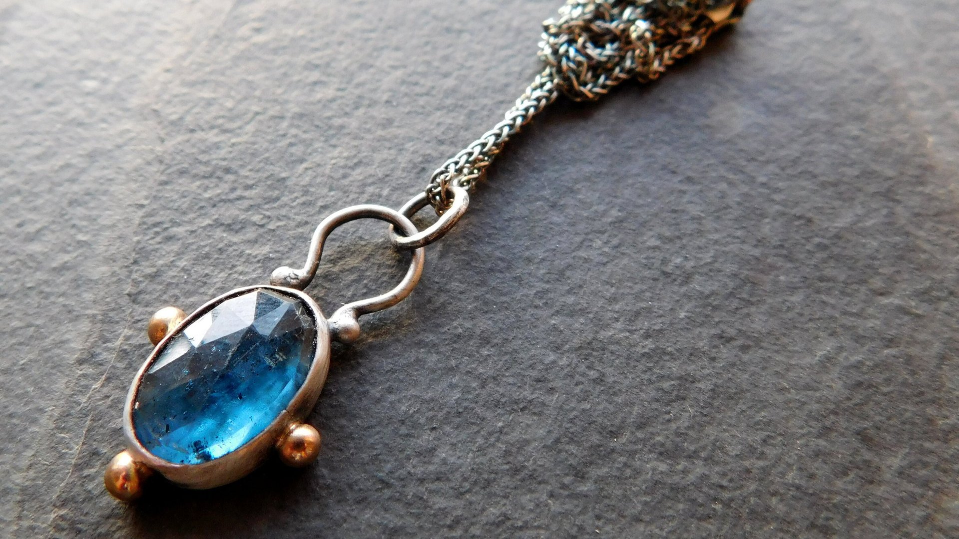 Teal Moss Kyanite Sterling Silver 14K Gold Minimalist Pendant Necklace