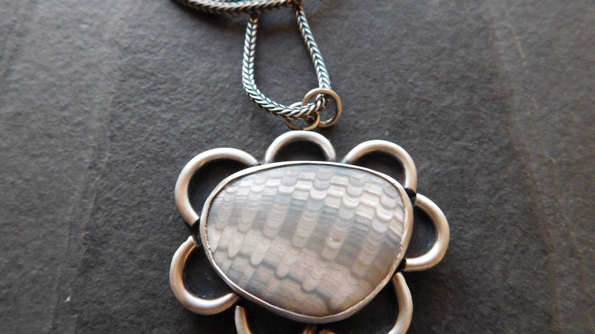 Fossil Clam Shell Scalloped Edge Oxidized Sterling Silver Pendant Necklace