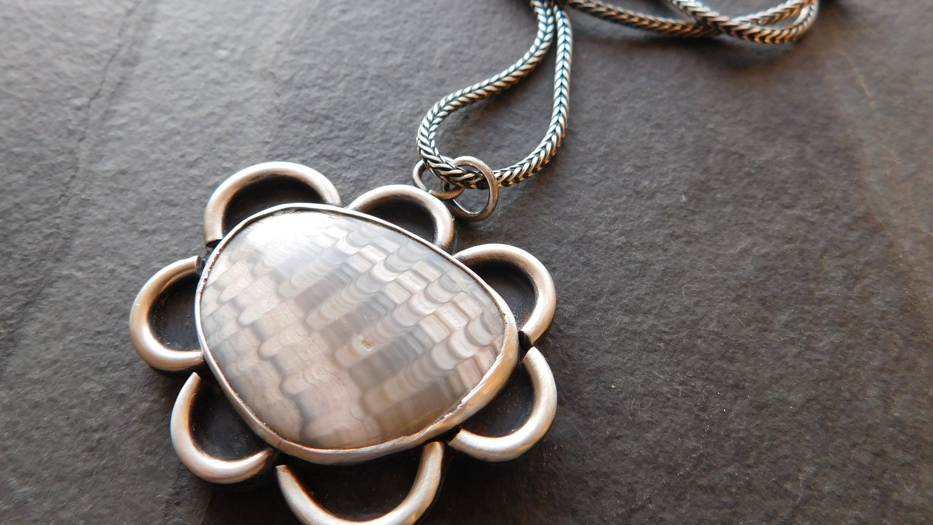 Fossil Clam Shell Scalloped Edge Oxidized Sterling Silver Pendant Necklace