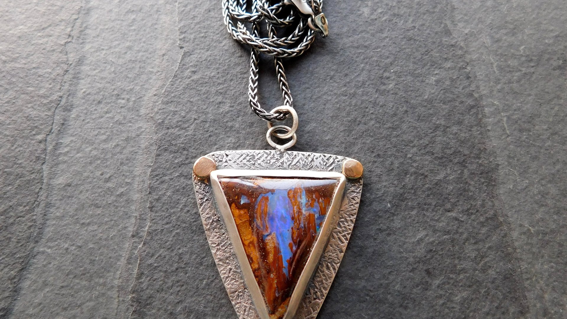 Australian Boulder Opal Textured Sterling Silver 14K Gold Mixed Metal Pendant Necklace