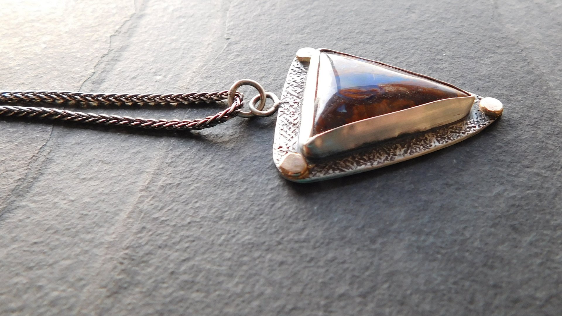 Australian Boulder Opal Textured Sterling Silver 14K Gold Mixed Metal Pendant Necklace