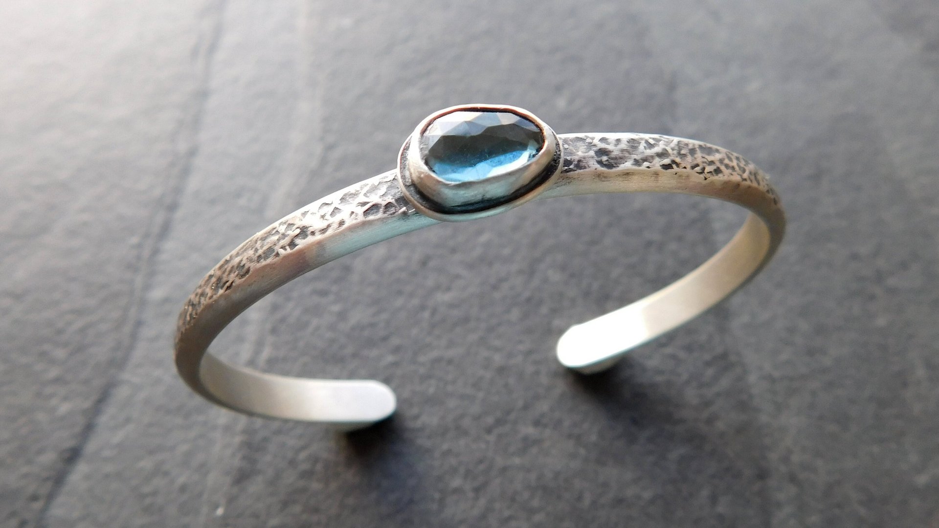London Blue Topaz Heavy Textured Sterling Silver Stacking Cuff Bracelet