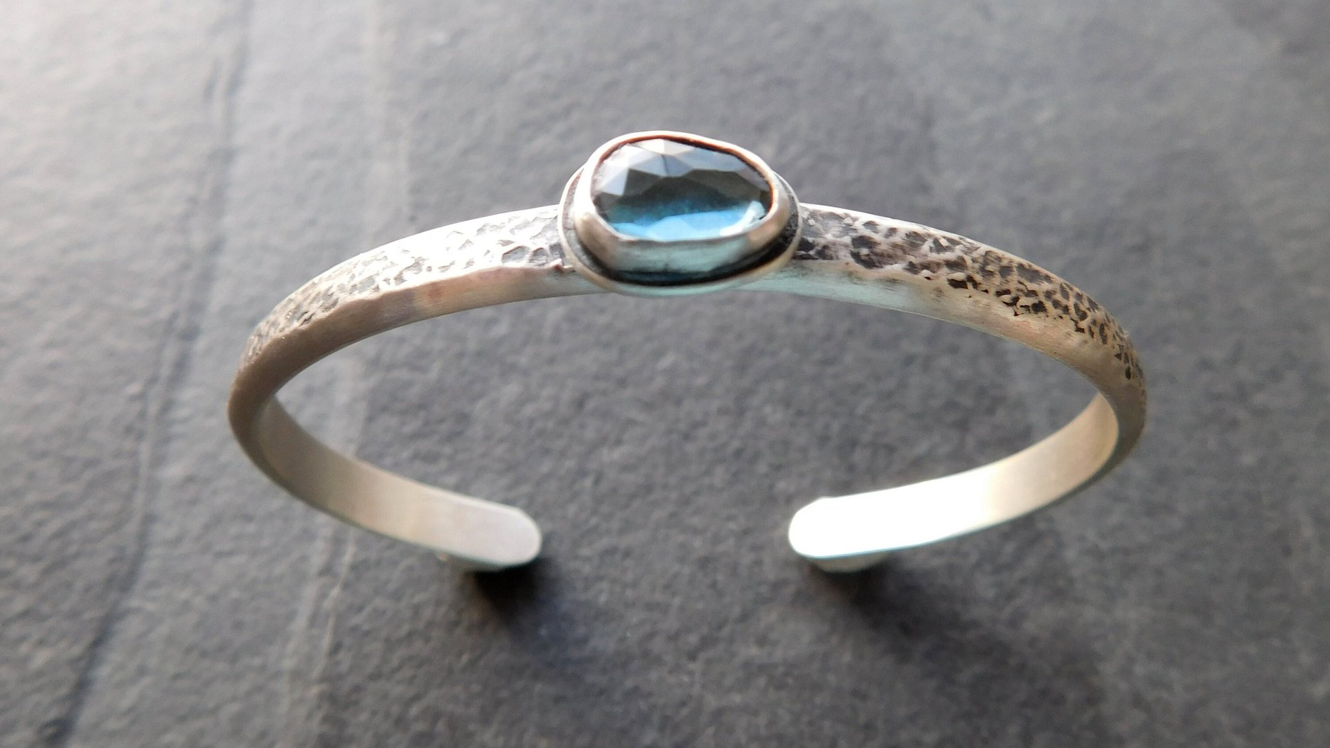 London Blue Topaz Heavy Textured Sterling Silver Stacking Cuff Bracelet