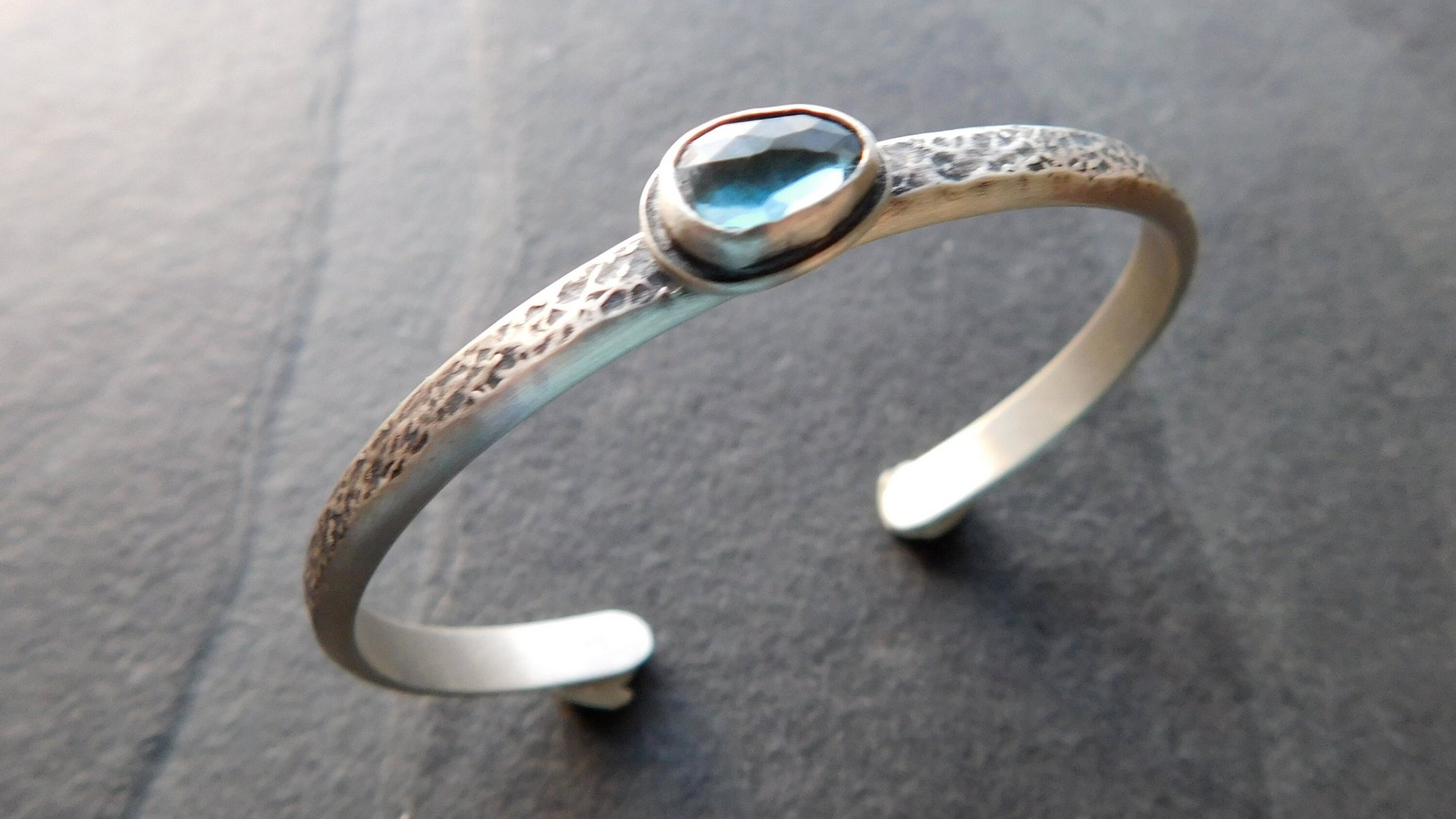London Blue Topaz Heavy Textured Sterling Silver Stacking Cuff Bracelet