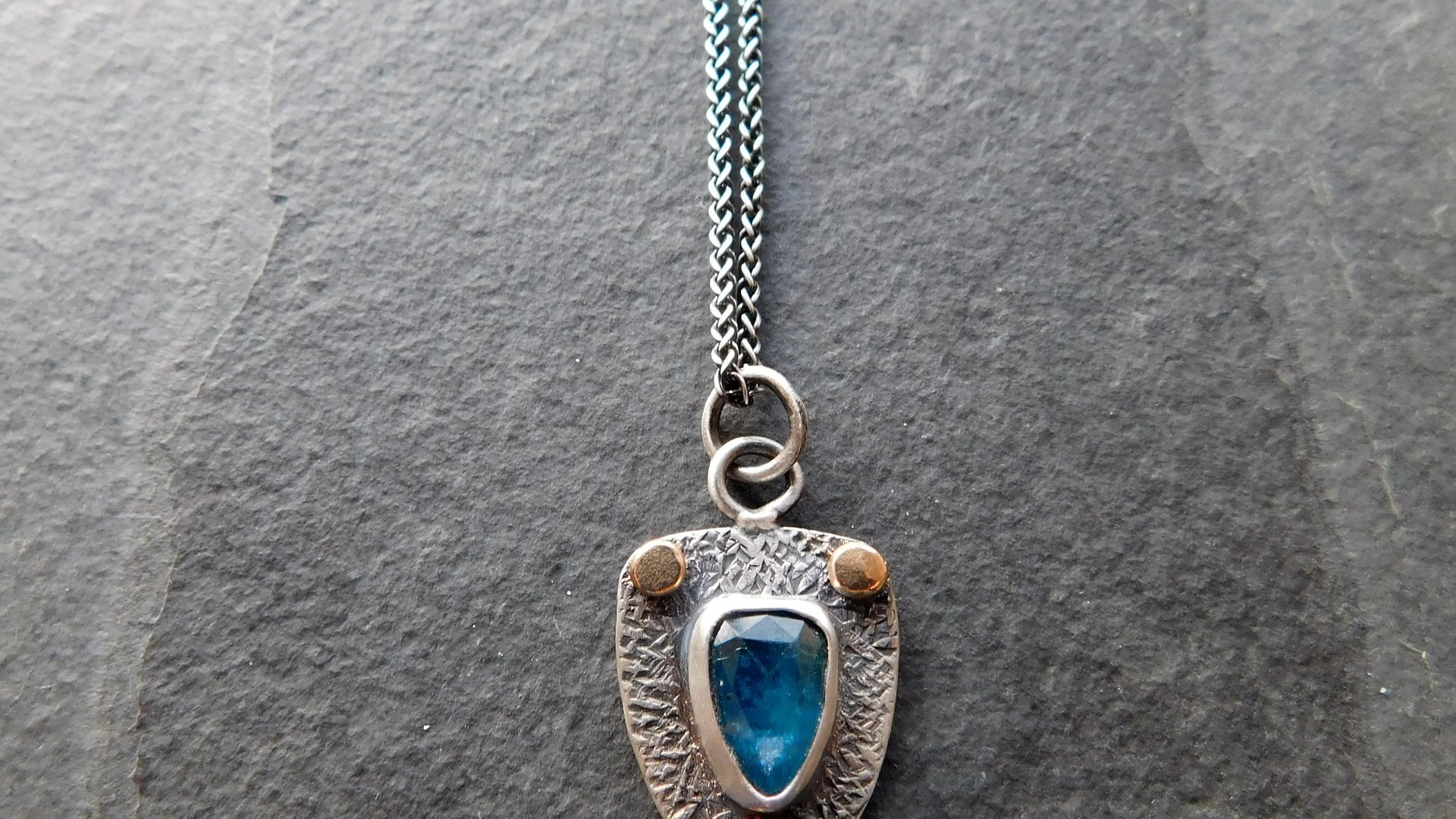 Neon Blue Kyanite Textured Sterling Silver 14K Gold Mixed Metal Small Shield Pendant Necklace