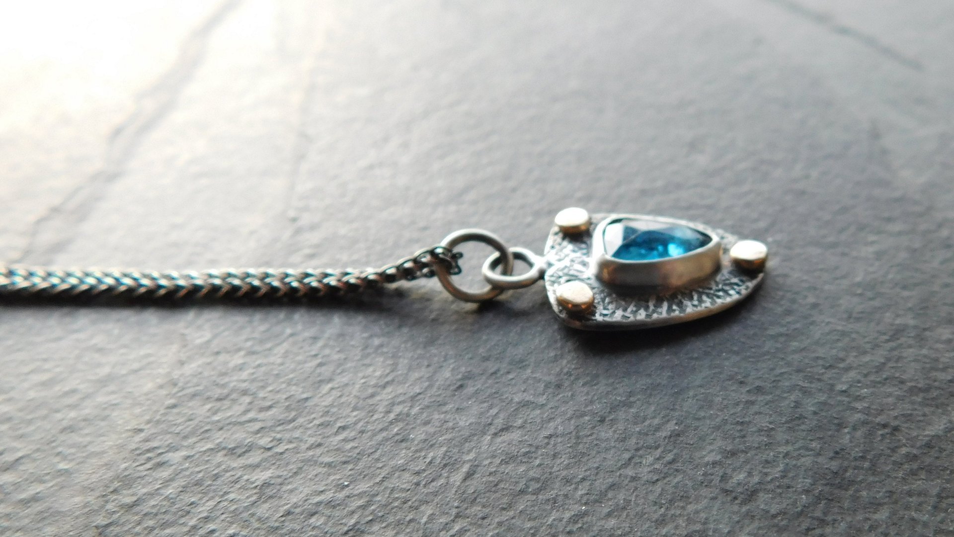 Neon Blue Kyanite Textured Sterling Silver 14K Gold Mixed Metal Small Shield Pendant Necklace