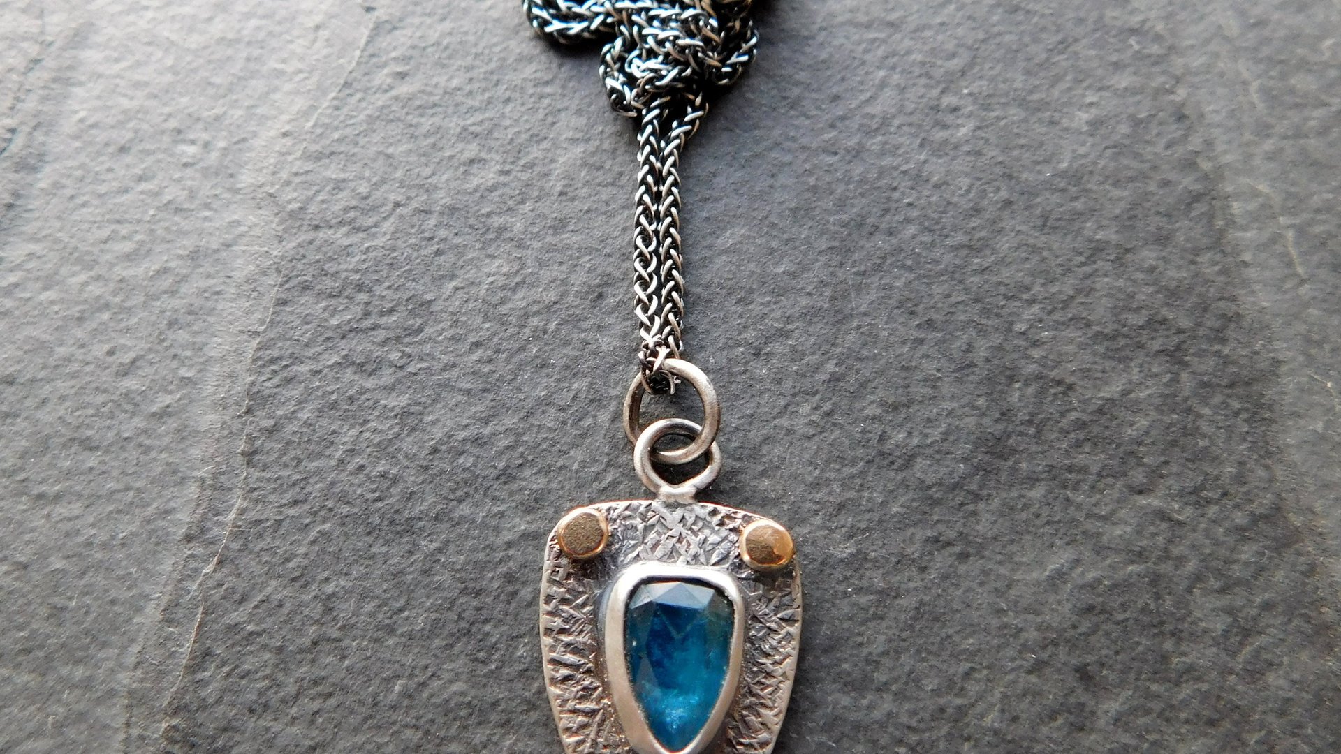 Neon Blue Kyanite Textured Sterling Silver 14K Gold Mixed Metal Small Shield Pendant Necklace
