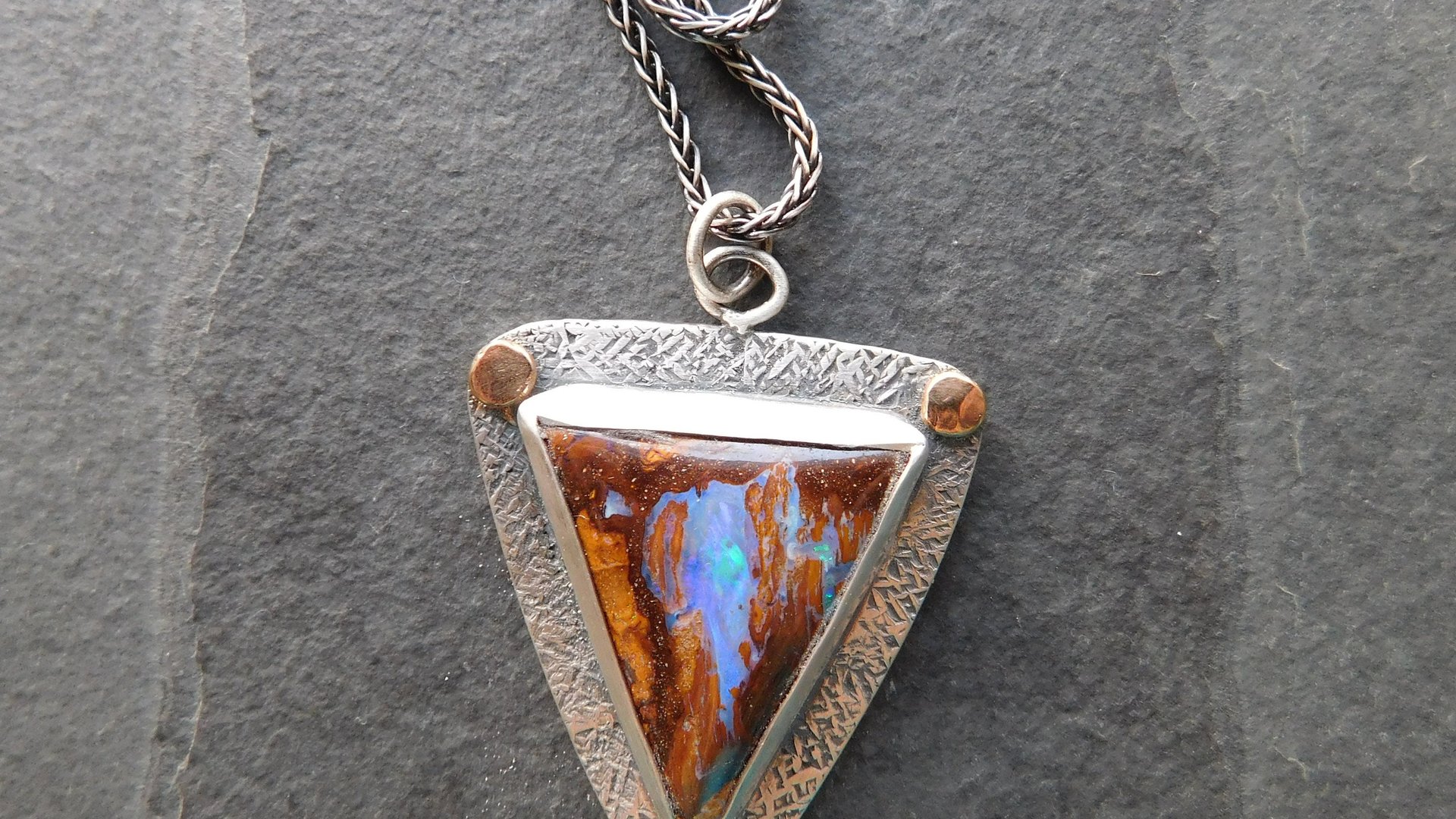 Australian Boulder Opal Textured Sterling Silver 14K Gold Mixed Metal Pendant Necklace