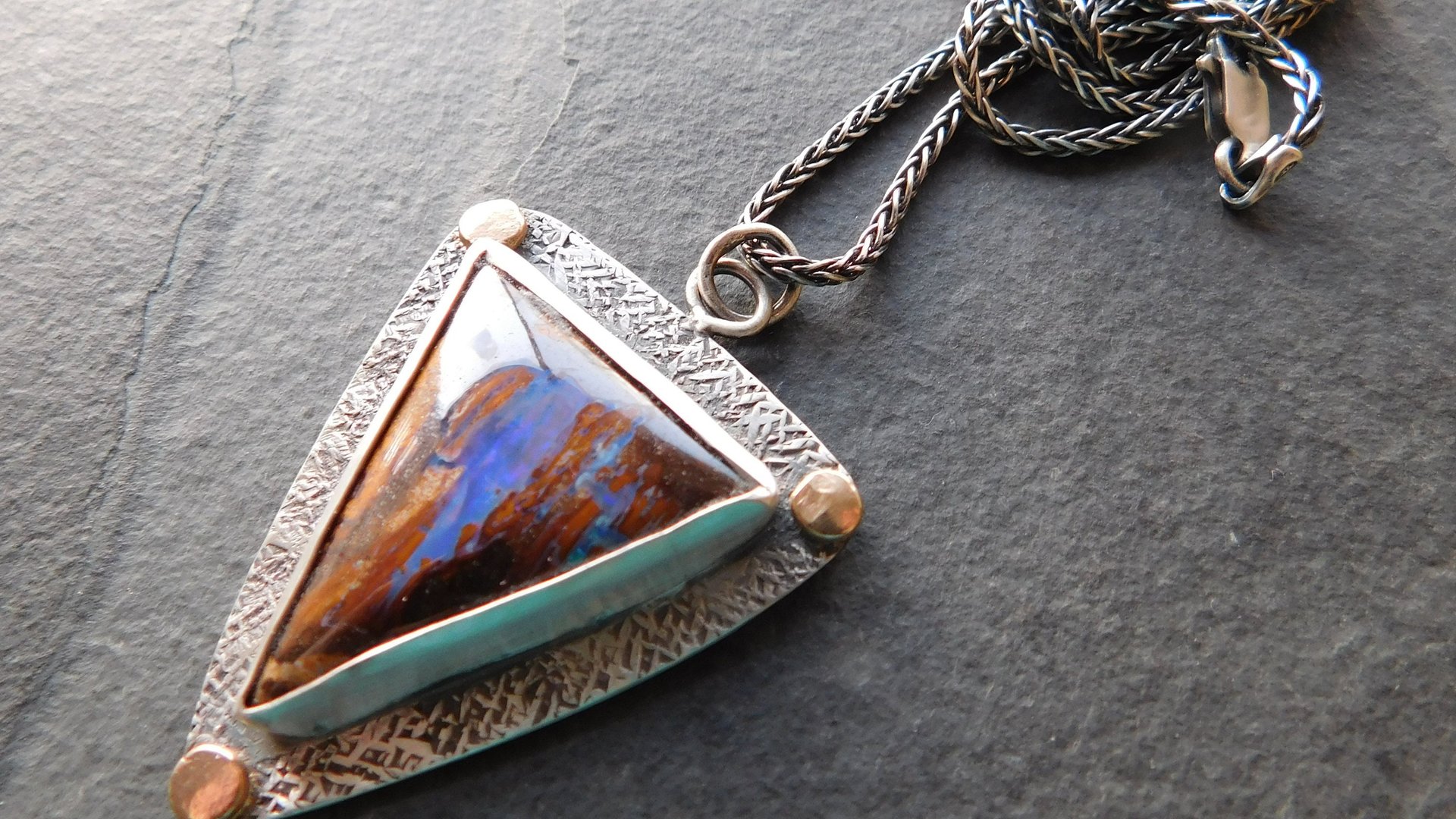 Australian Boulder Opal Textured Sterling Silver 14K Gold Mixed Metal Pendant Necklace