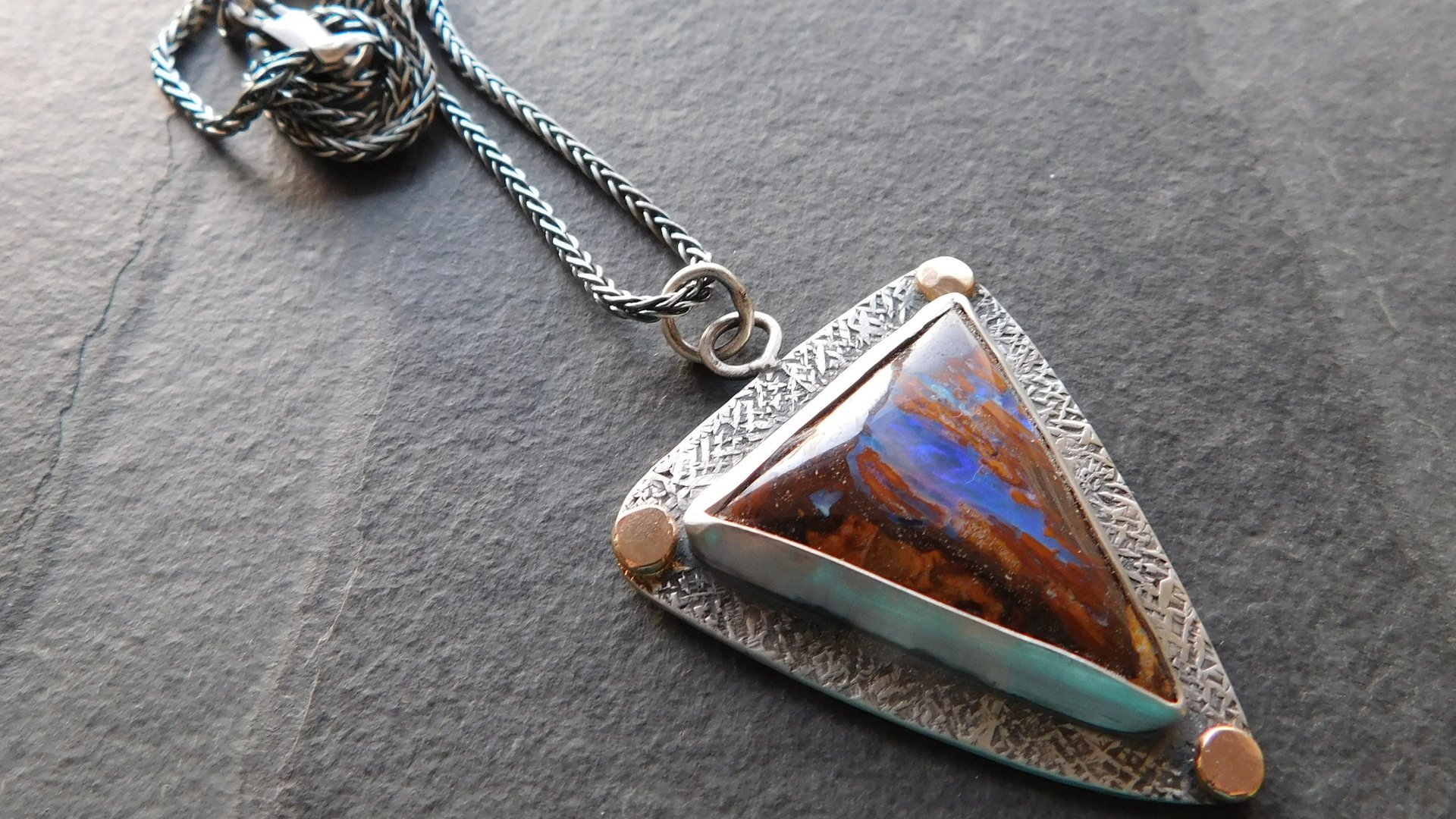 Australian Boulder Opal Textured Sterling Silver 14K Gold Mixed Metal Pendant Necklace