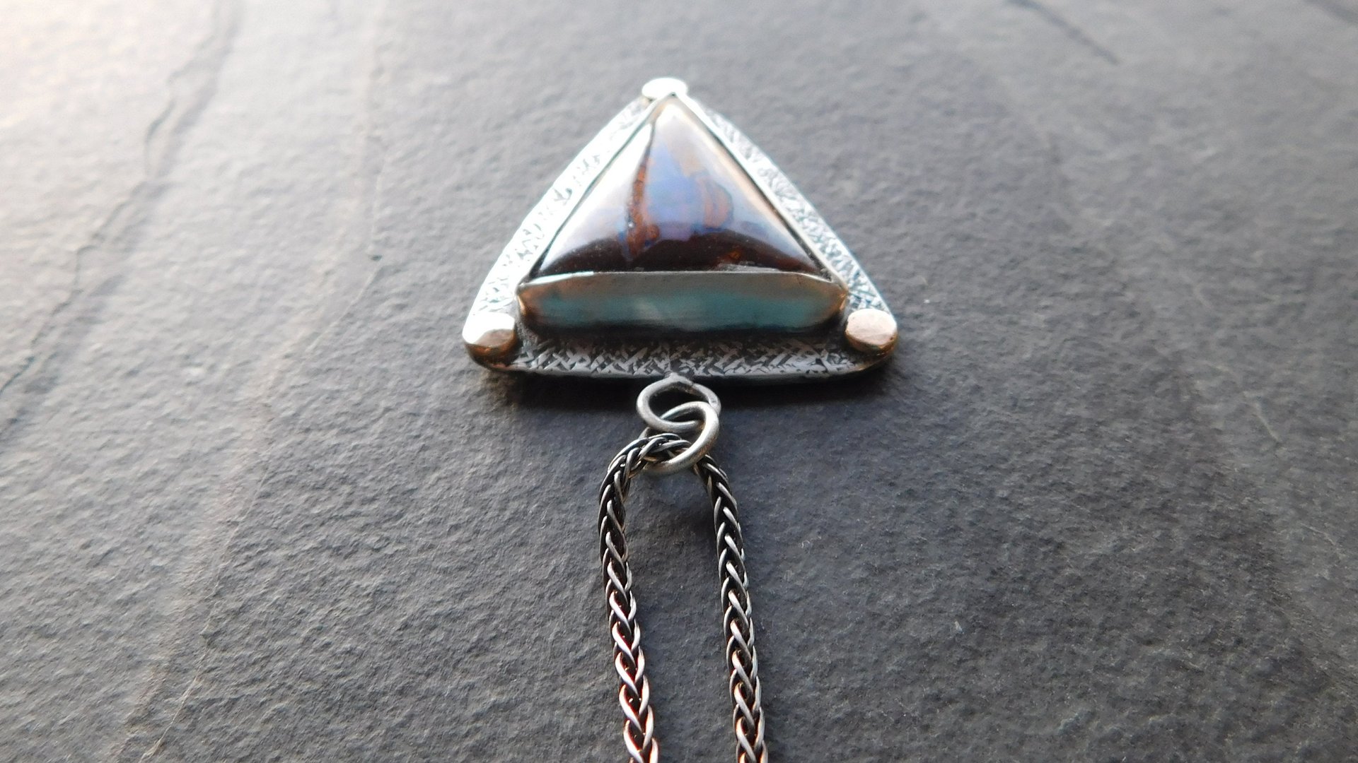 Australian Boulder Opal Textured Sterling Silver 14K Gold Mixed Metal Pendant Necklace