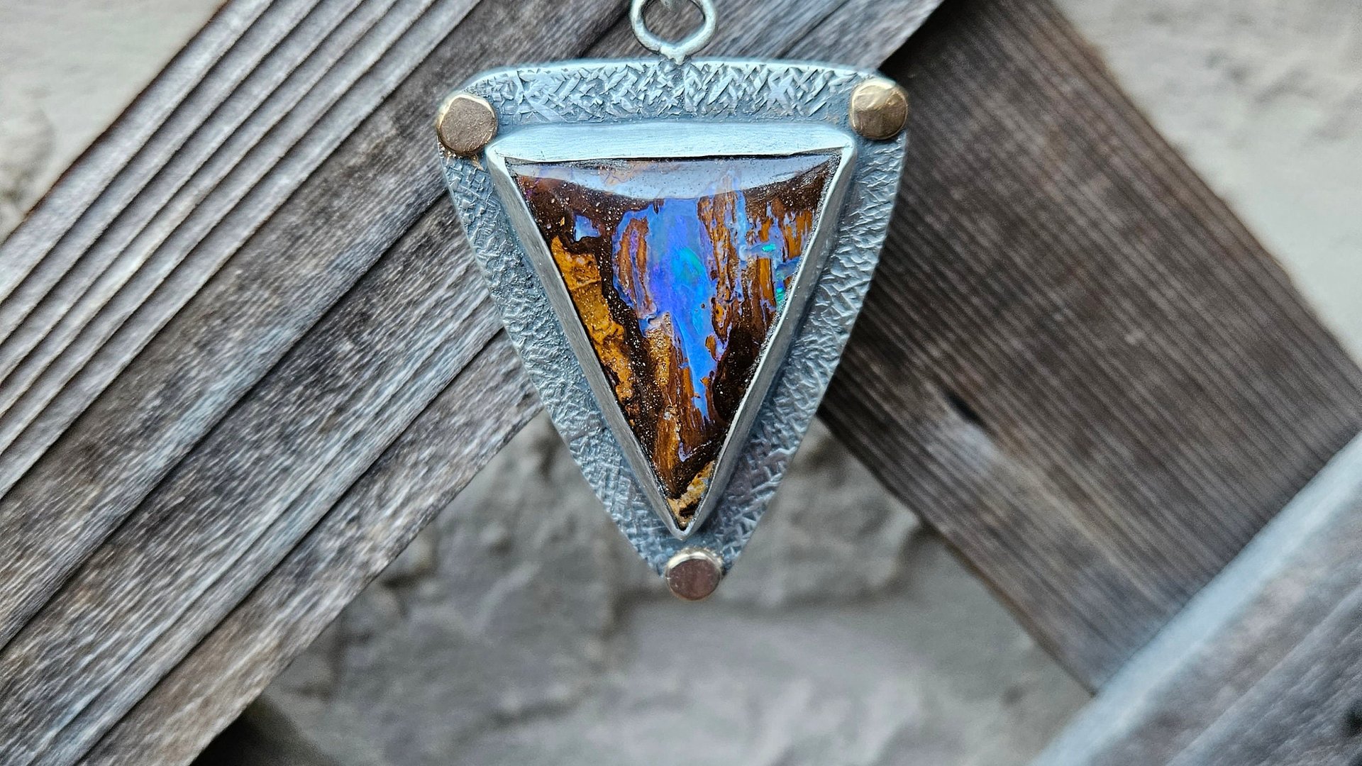 Australian Boulder Opal Textured Sterling Silver 14K Gold Mixed Metal Pendant Necklace