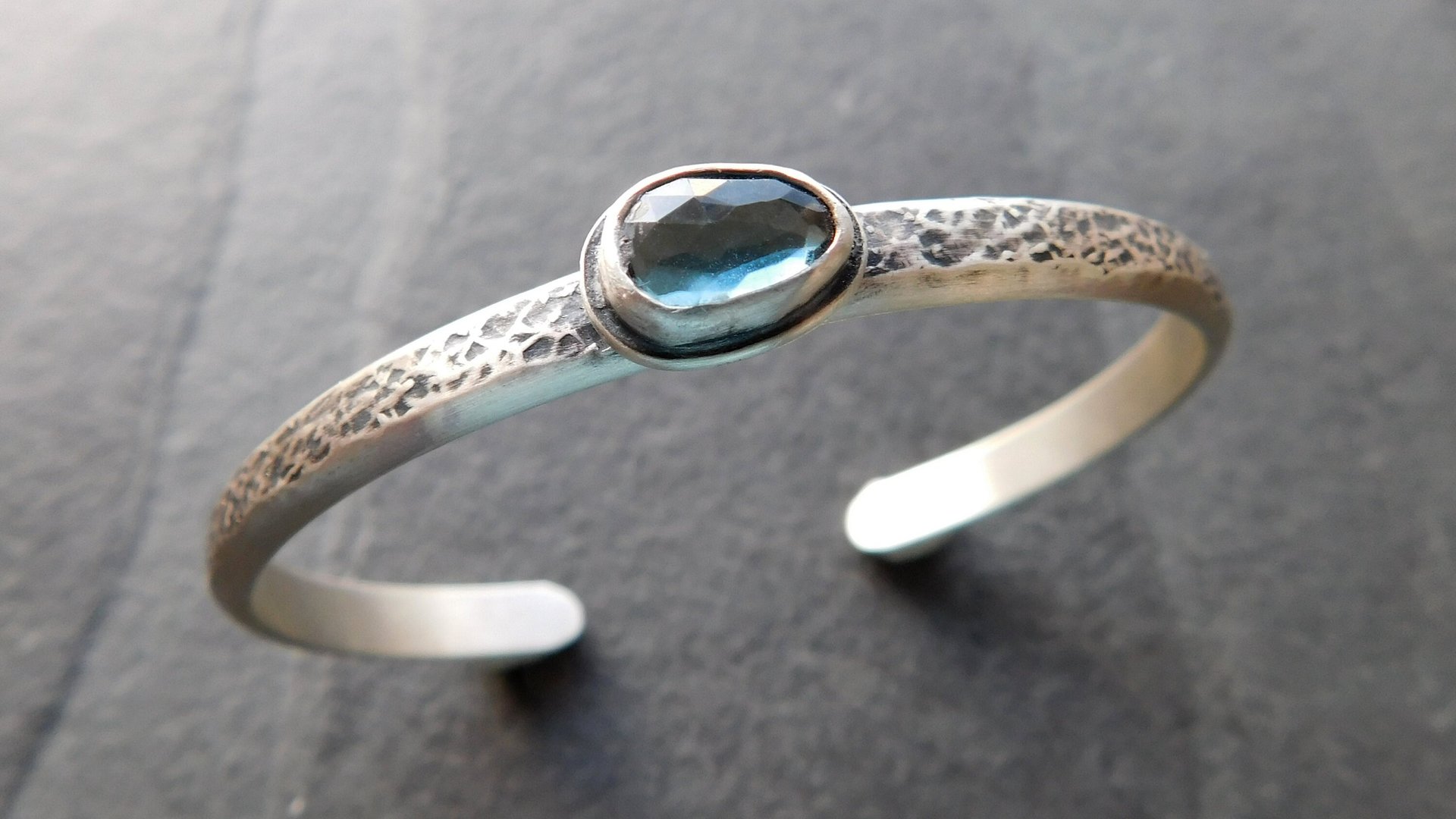 London Blue Topaz Heavy Textured Sterling Silver Stacking Cuff Bracelet