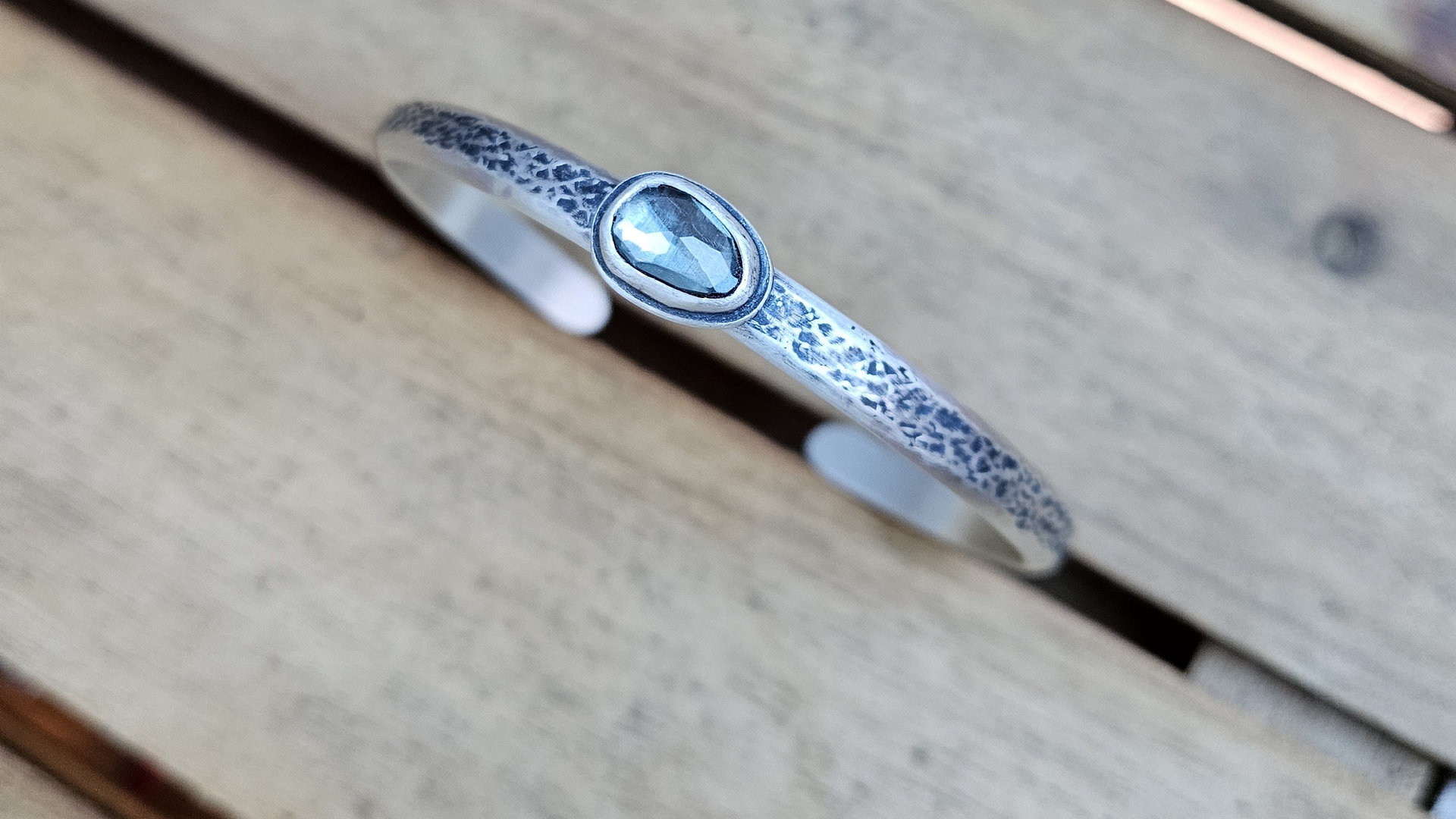 London Blue Topaz Heavy Textured Sterling Silver Stacking Cuff Bracelet