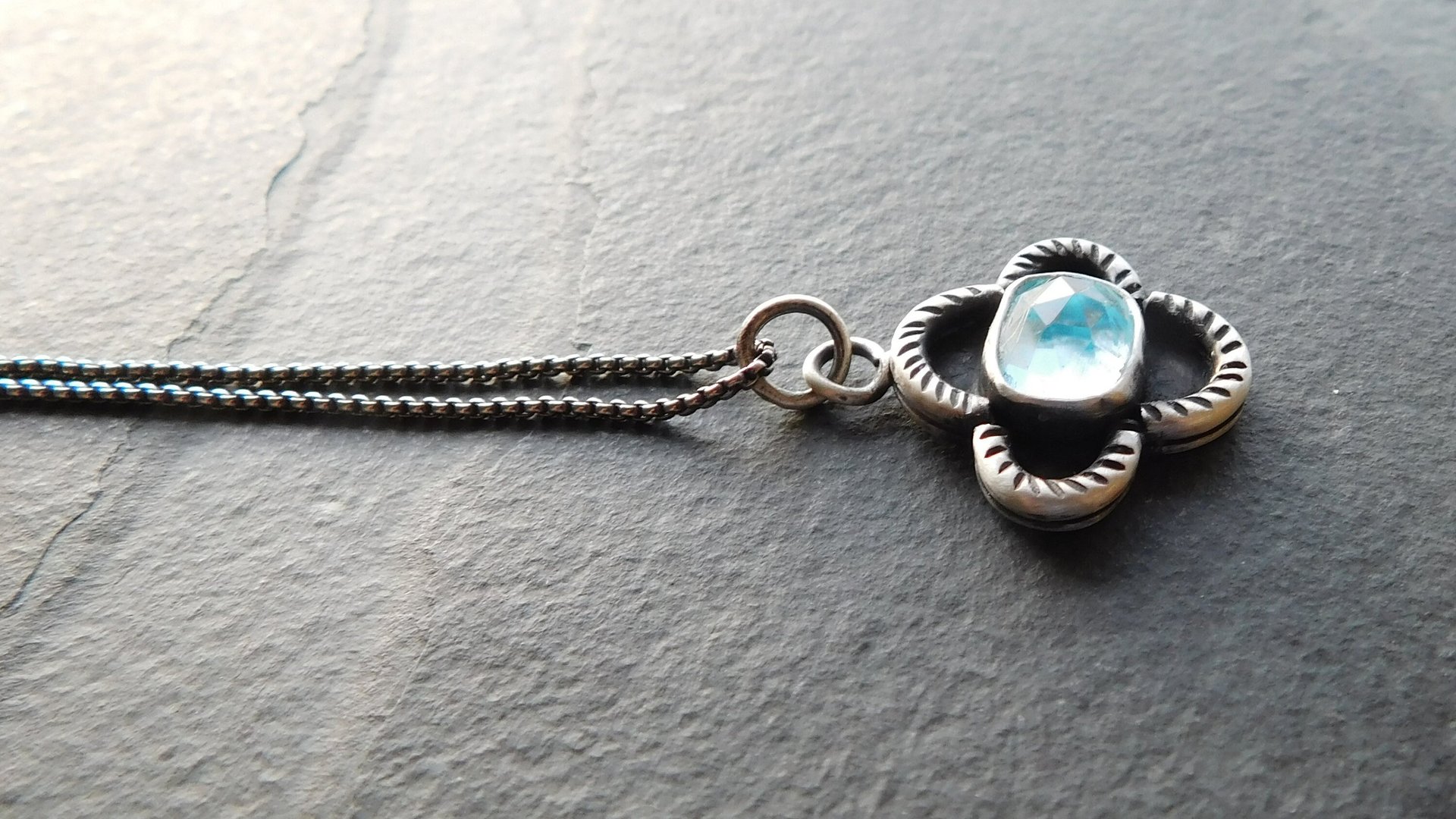 Baby Blue Rosecut Aquamarine Stone Oxidized Sterling Silver Textured Quatrefoil Pendant Necklace