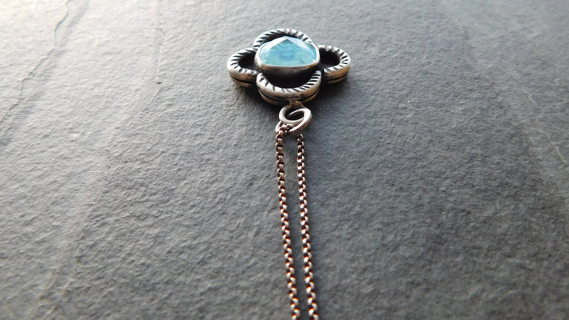 Baby Blue Rosecut Aquamarine Stone Oxidized Sterling Silver Textured Quatrefoil Pendant Necklace