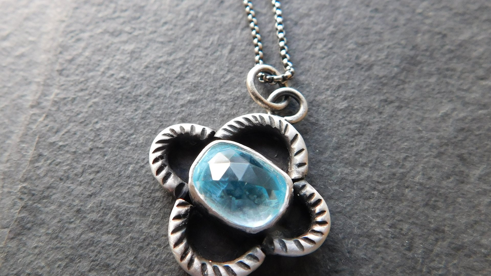 Baby Blue Rosecut Aquamarine Stone Oxidized Sterling Silver Textured Quatrefoil Pendant Necklace