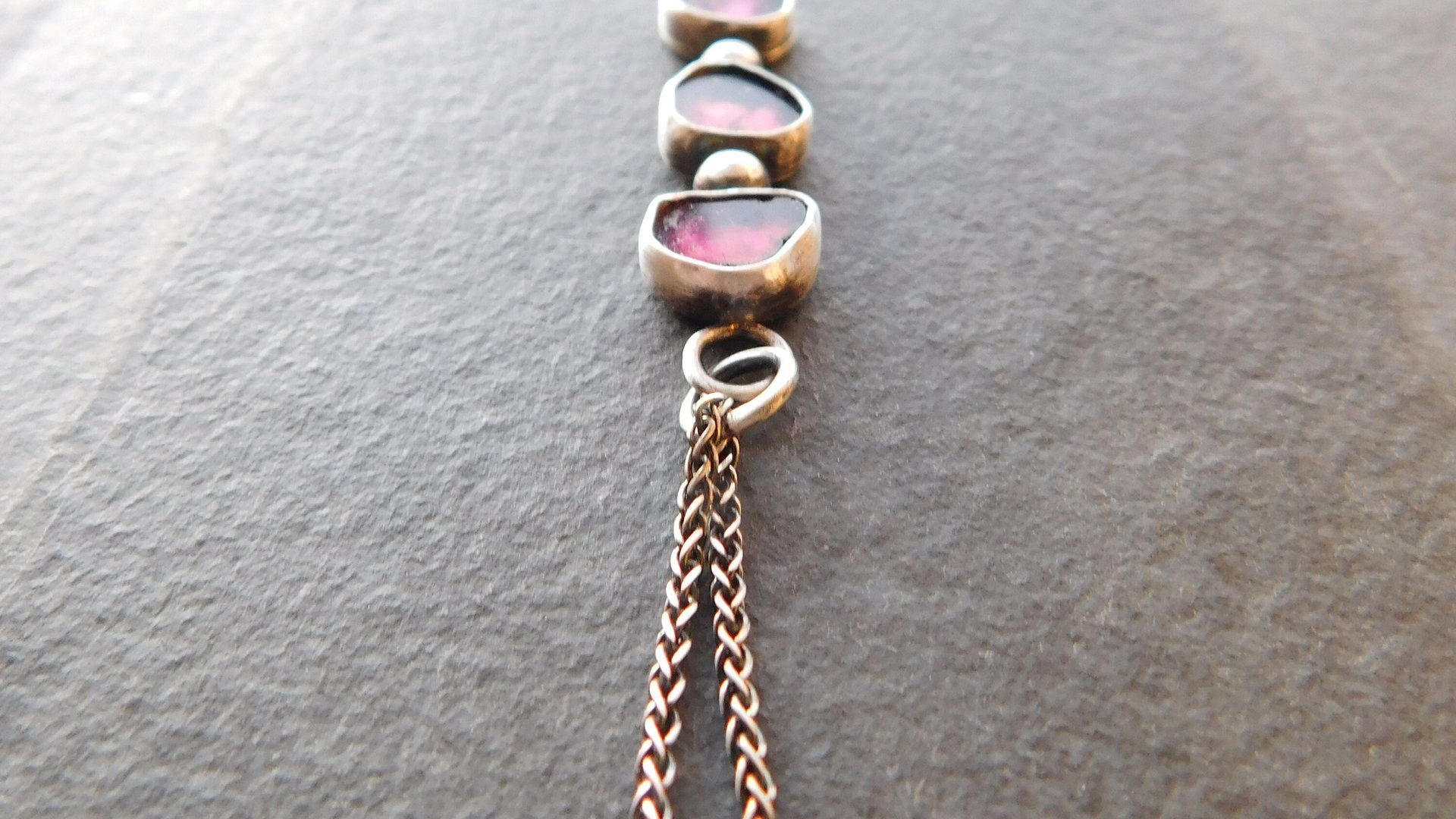 Natural Deep Pink Fuchsia Tourmaline Slice Multi Stone Sterling Silver Minimalist Pendant Necklace