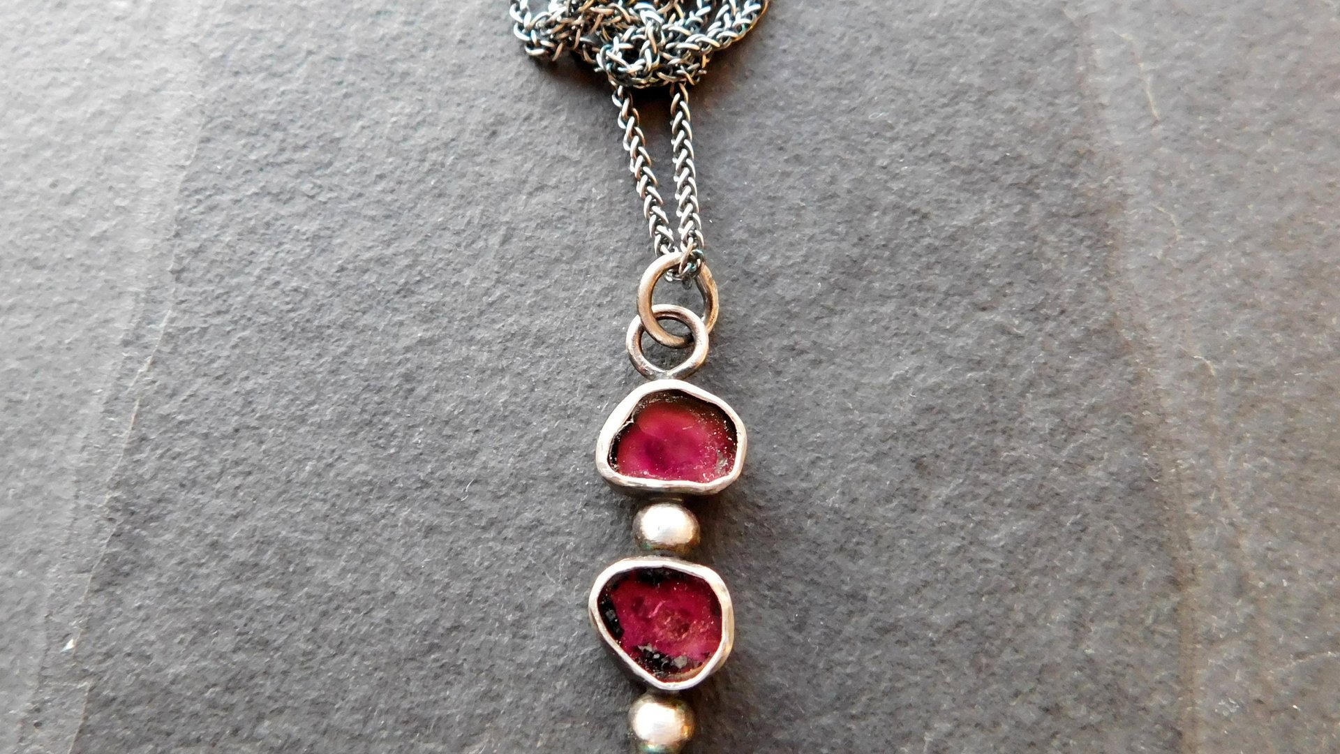 Natural Deep Pink Fuchsia Tourmaline Slice Multi Stone Sterling Silver Minimalist Pendant Necklace
