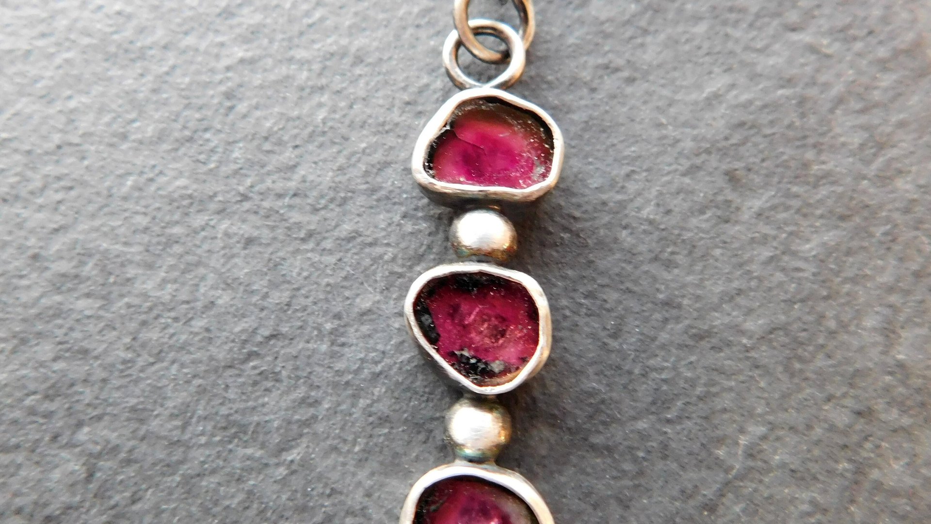 Natural Deep Pink Fuchsia Tourmaline Slice Multi Stone Sterling Silver Minimalist Pendant Necklace
