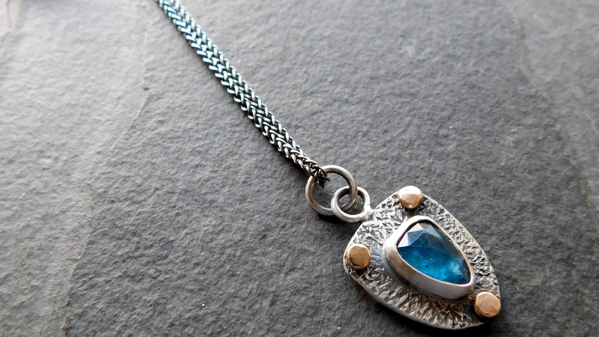 Neon Blue Kyanite Textured Sterling Silver 14K Gold Mixed Metal Small Shield Pendant Necklace
