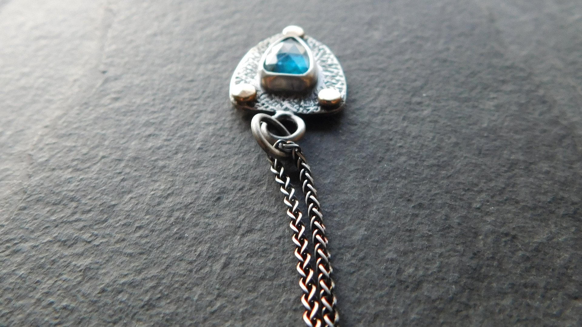 Neon Blue Kyanite Textured Sterling Silver 14K Gold Mixed Metal Small Shield Pendant Necklace