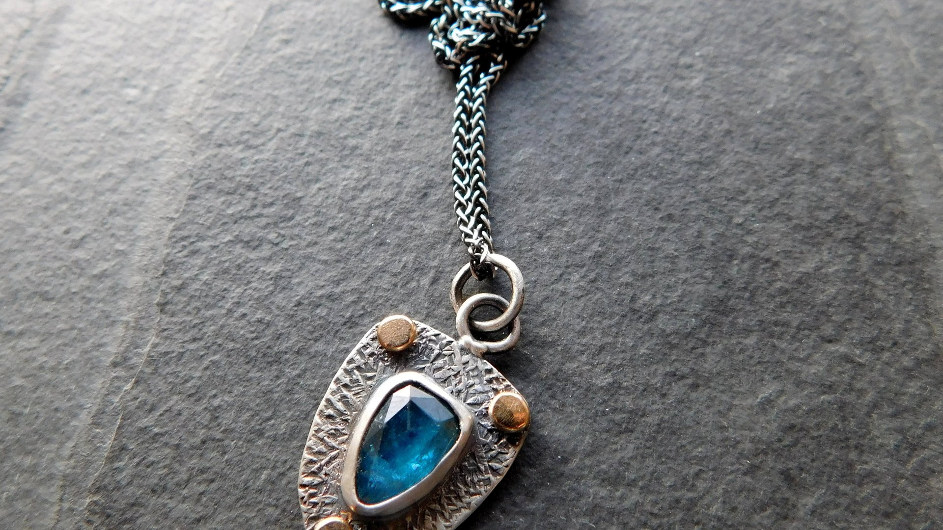 Neon Blue Kyanite Textured Sterling Silver 14K Gold Mixed Metal Small Shield Pendant Necklace