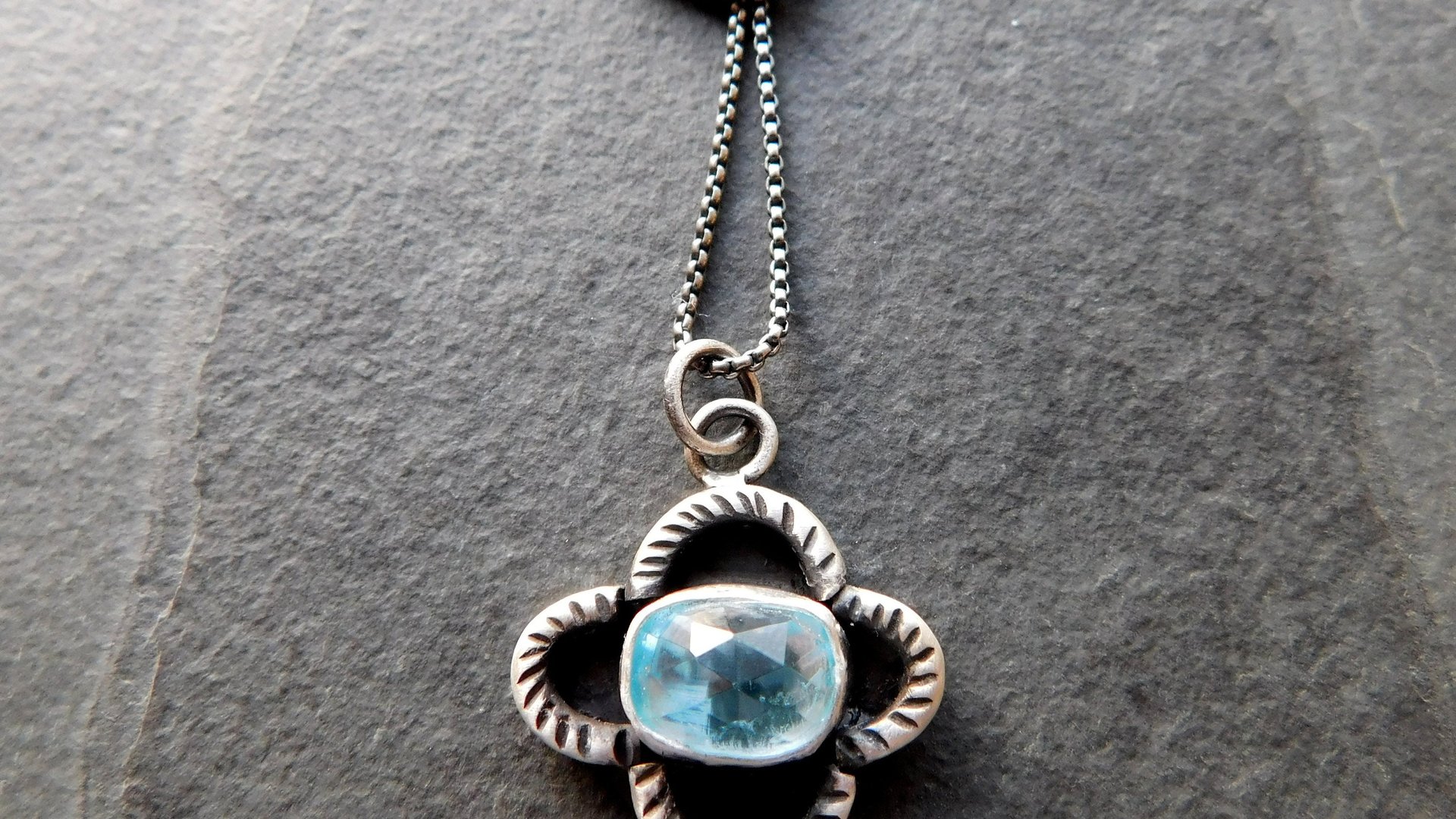 Baby Blue Rosecut Aquamarine Stone Oxidized Sterling Silver Textured Quatrefoil Pendant Necklace