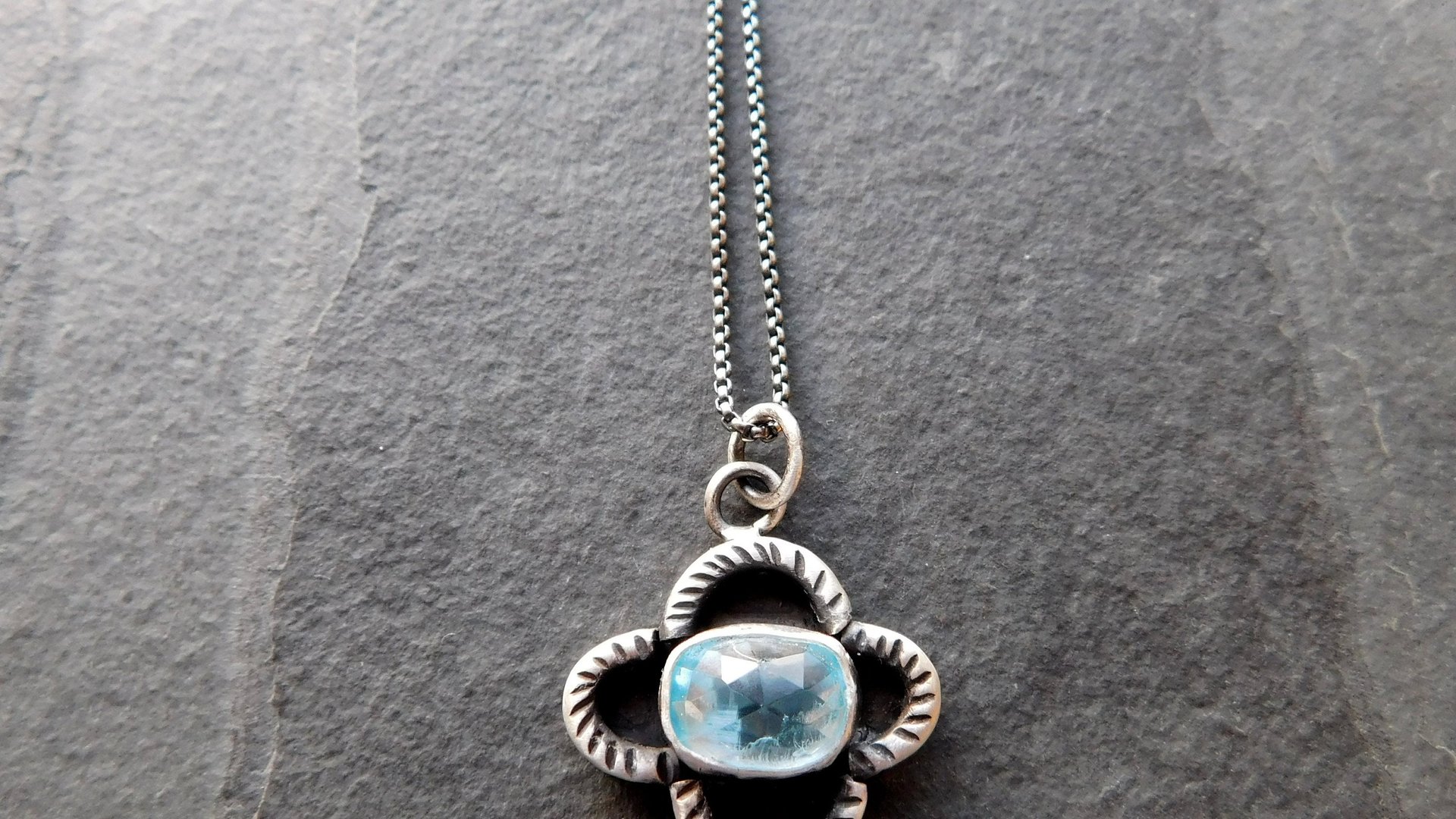 Baby Blue Rosecut Aquamarine Stone Oxidized Sterling Silver Textured Quatrefoil Pendant Necklace