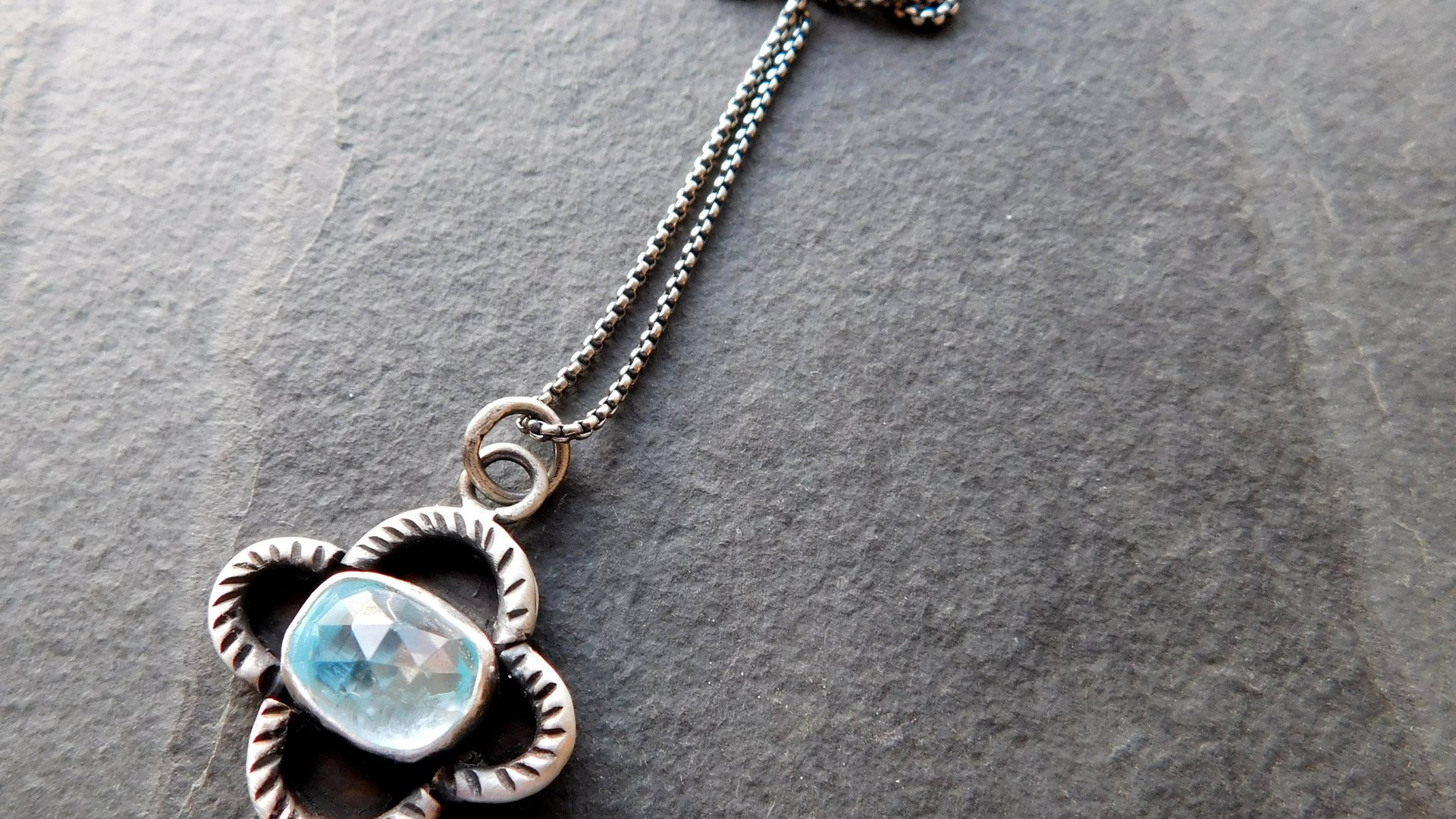 Baby Blue Rosecut Aquamarine Stone Oxidized Sterling Silver Textured Quatrefoil Pendant Necklace
