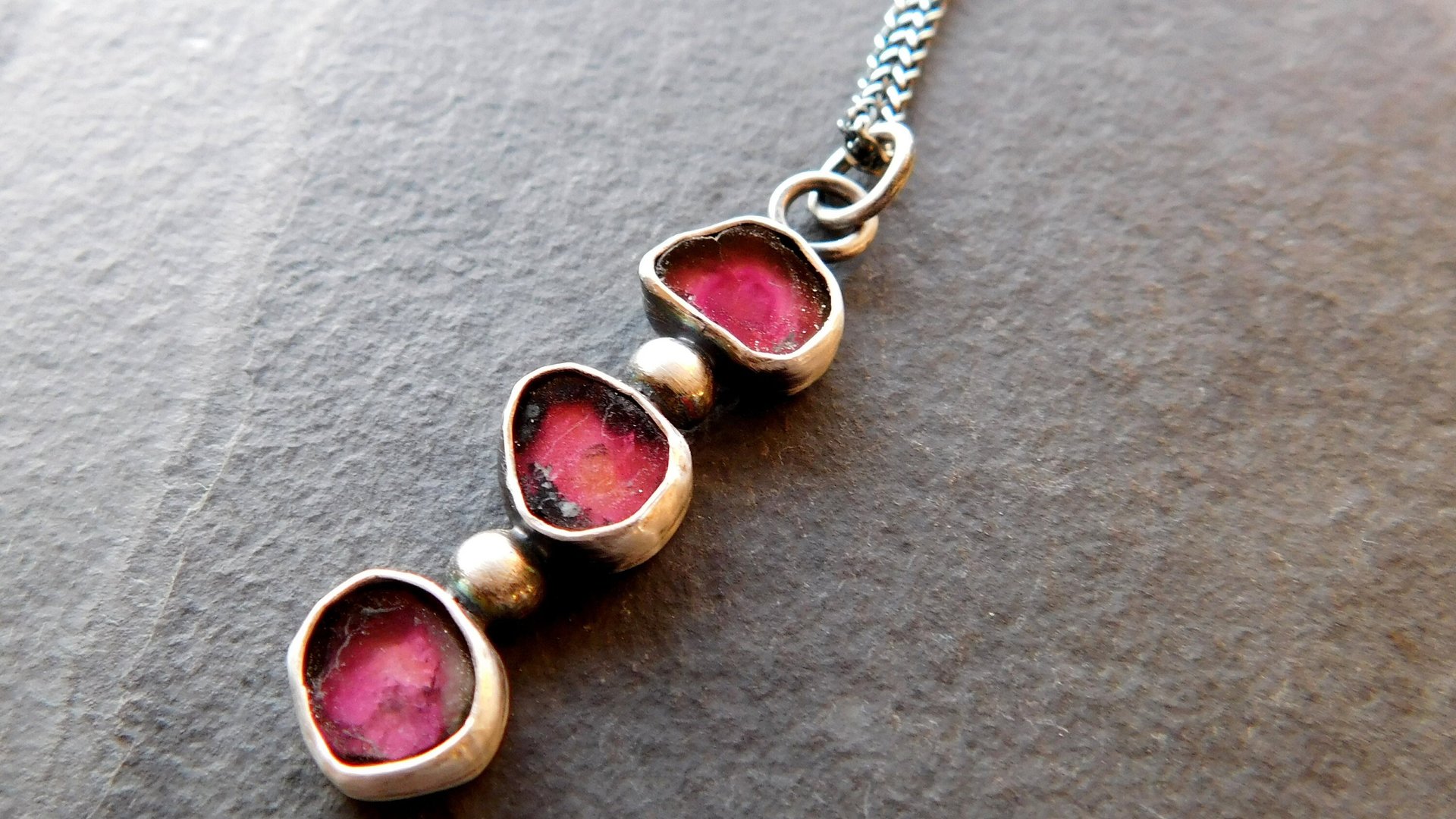 Natural Deep Pink Fuchsia Tourmaline Slice Multi Stone Sterling Silver Minimalist Pendant Necklace