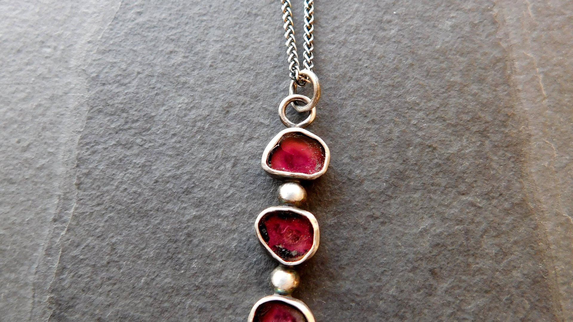 Natural Deep Pink Fuchsia Tourmaline Slice Multi Stone Sterling Silver Minimalist Pendant Necklace