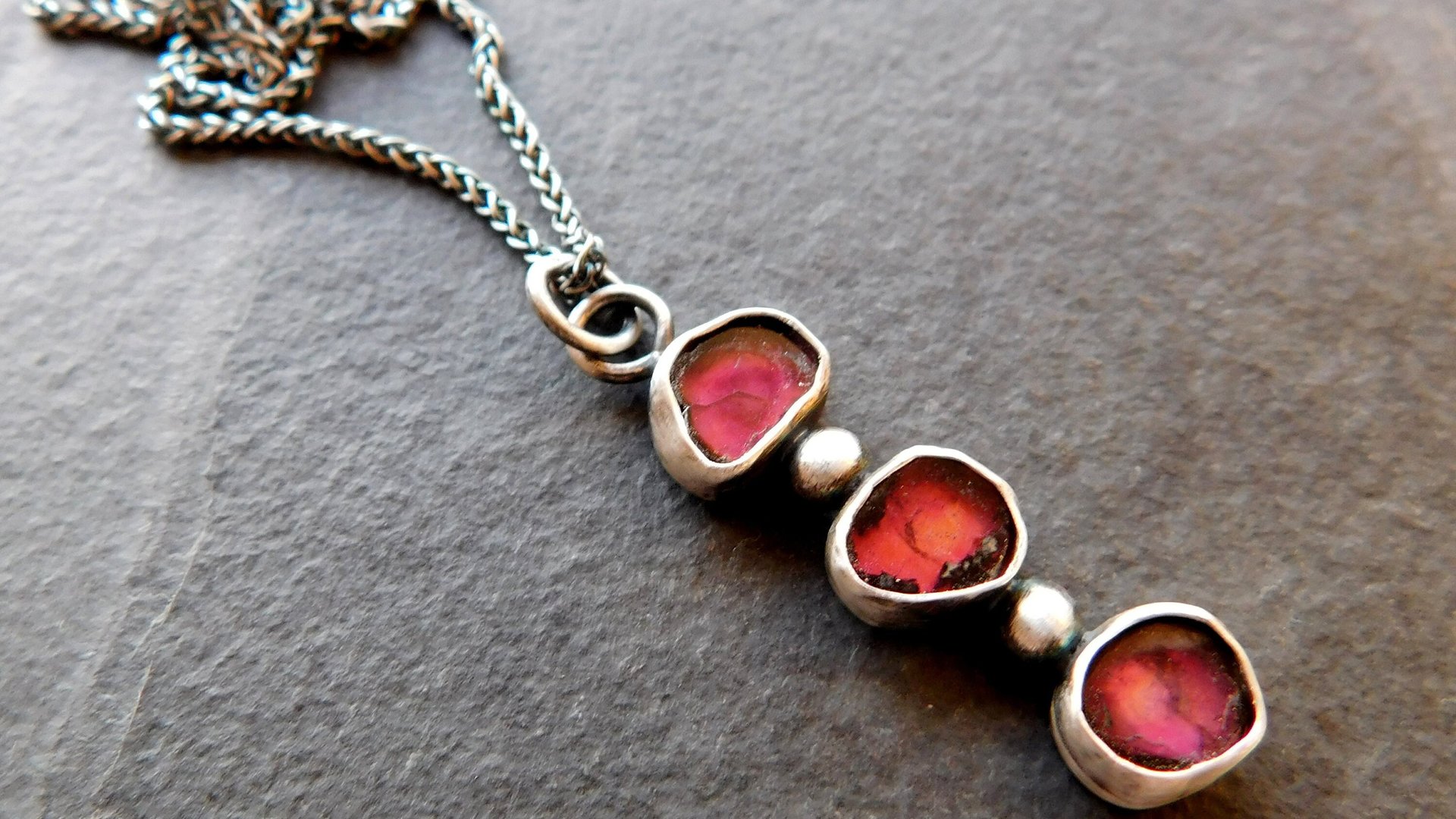 Natural Deep Pink Fuchsia Tourmaline Slice Multi Stone Sterling Silver Minimalist Pendant Necklace