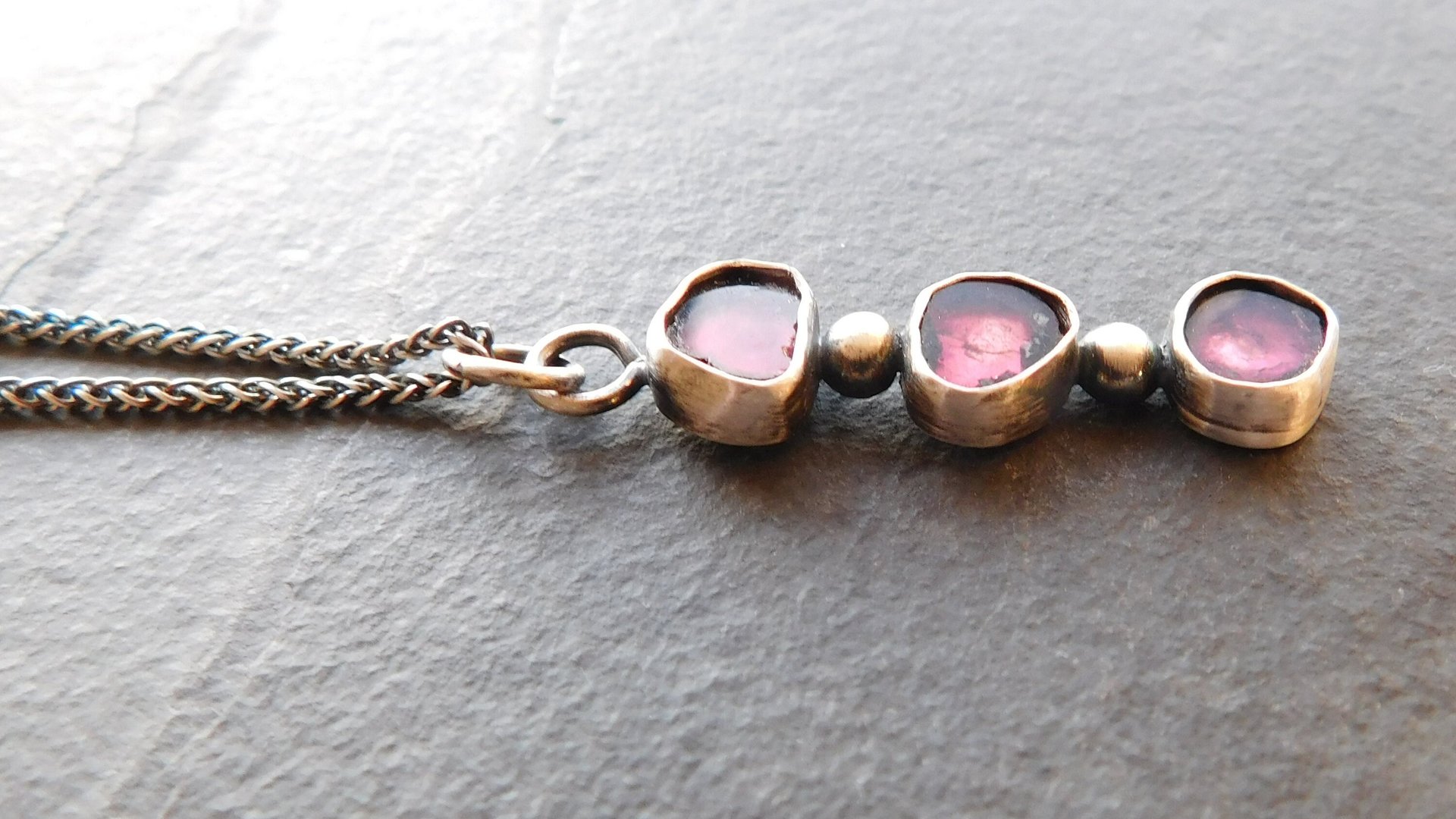 Natural Deep Pink Fuchsia Tourmaline Slice Multi Stone Sterling Silver Minimalist Pendant Necklace