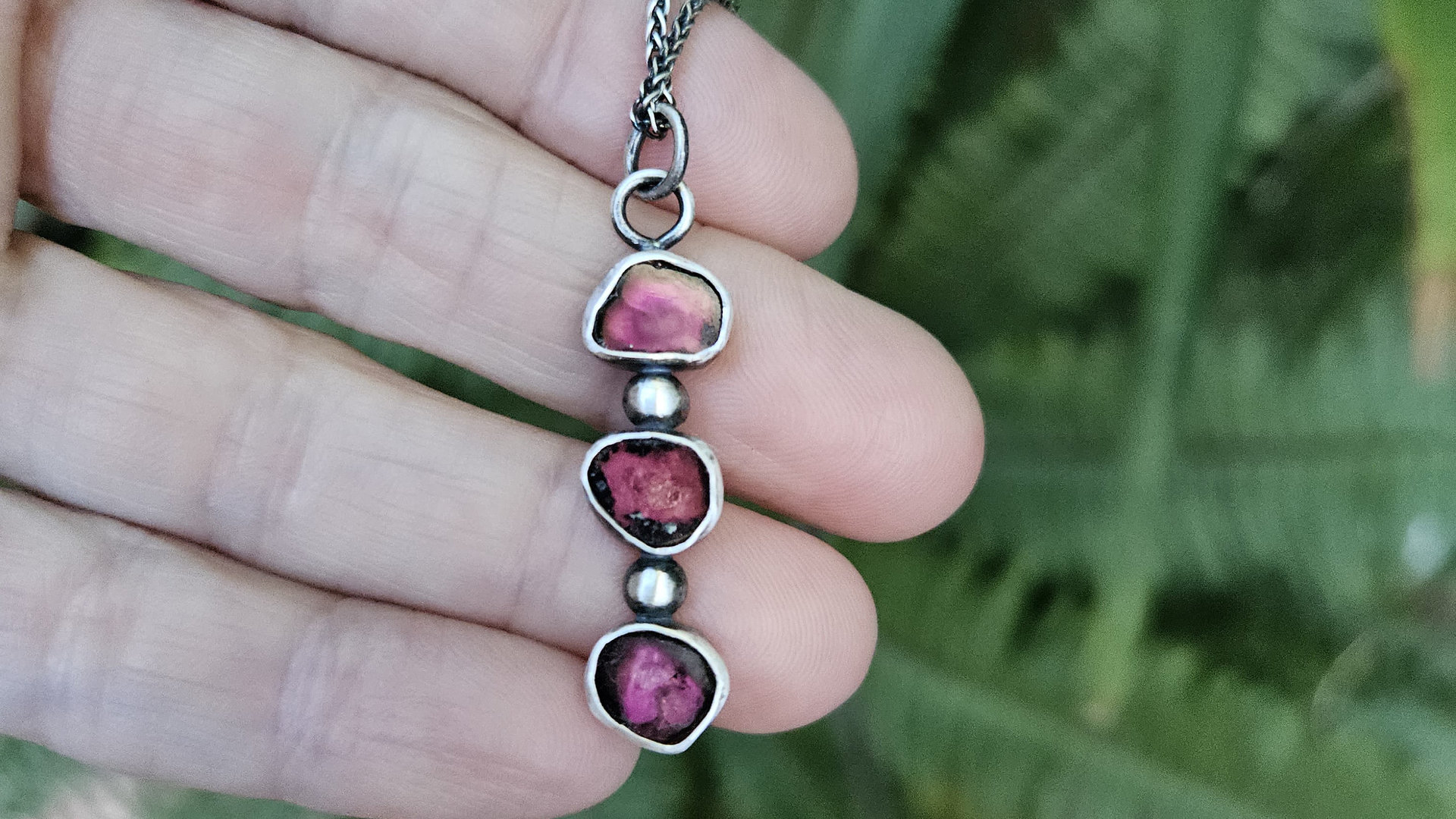 Natural Deep Pink Fuchsia Tourmaline Slice Multi Stone Sterling Silver Minimalist Pendant Necklace