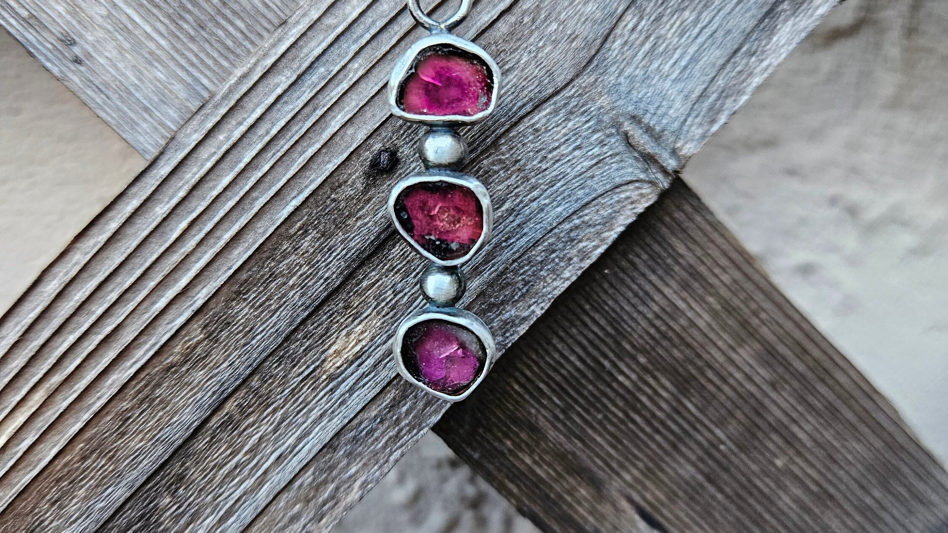 Natural Deep Pink Fuchsia Tourmaline Slice Multi Stone Sterling Silver Minimalist Pendant Necklace