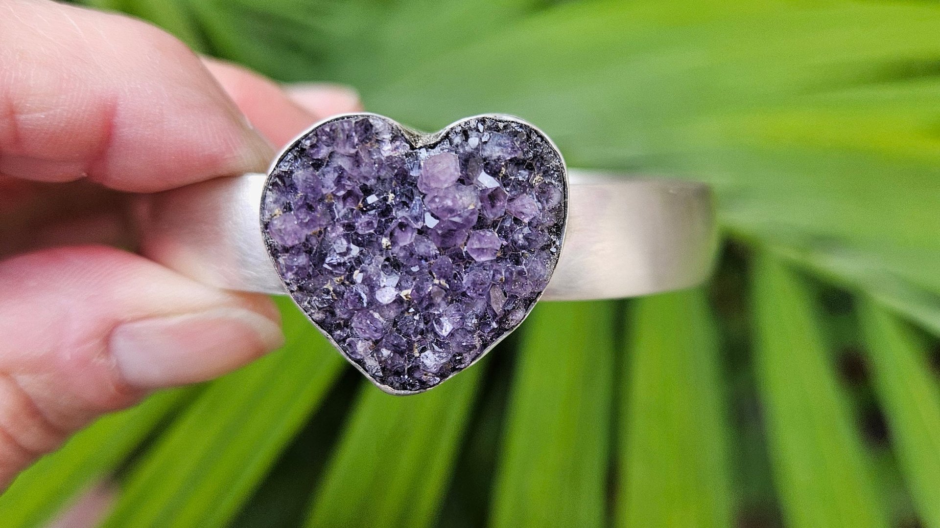 Deep Purple Amethyst Heart Drusy Stone Oxidized Sterling Silver Cuff Bracelet