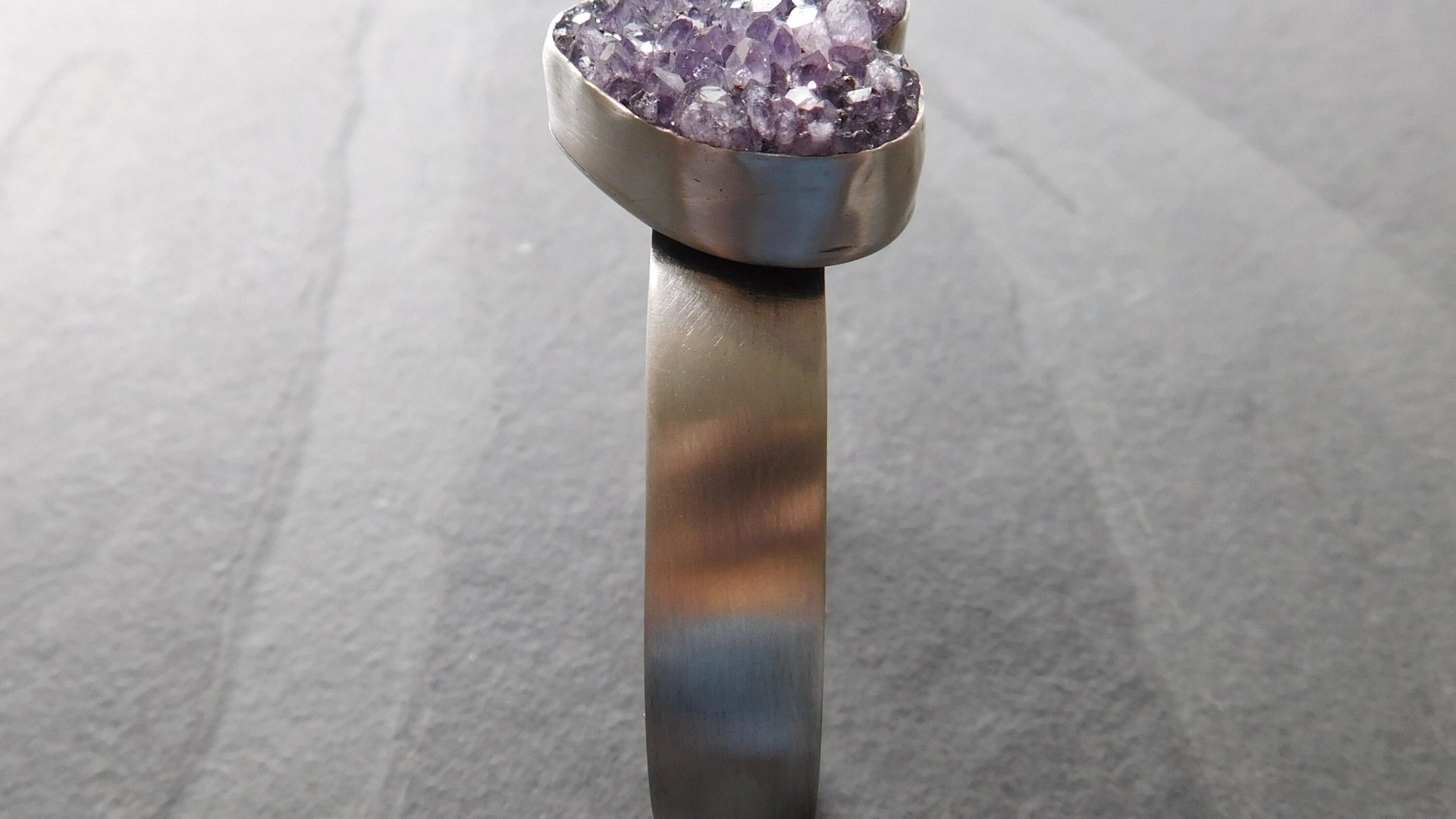 Deep Purple Amethyst Heart Drusy Stone Oxidized Sterling Silver Cuff Bracelet
