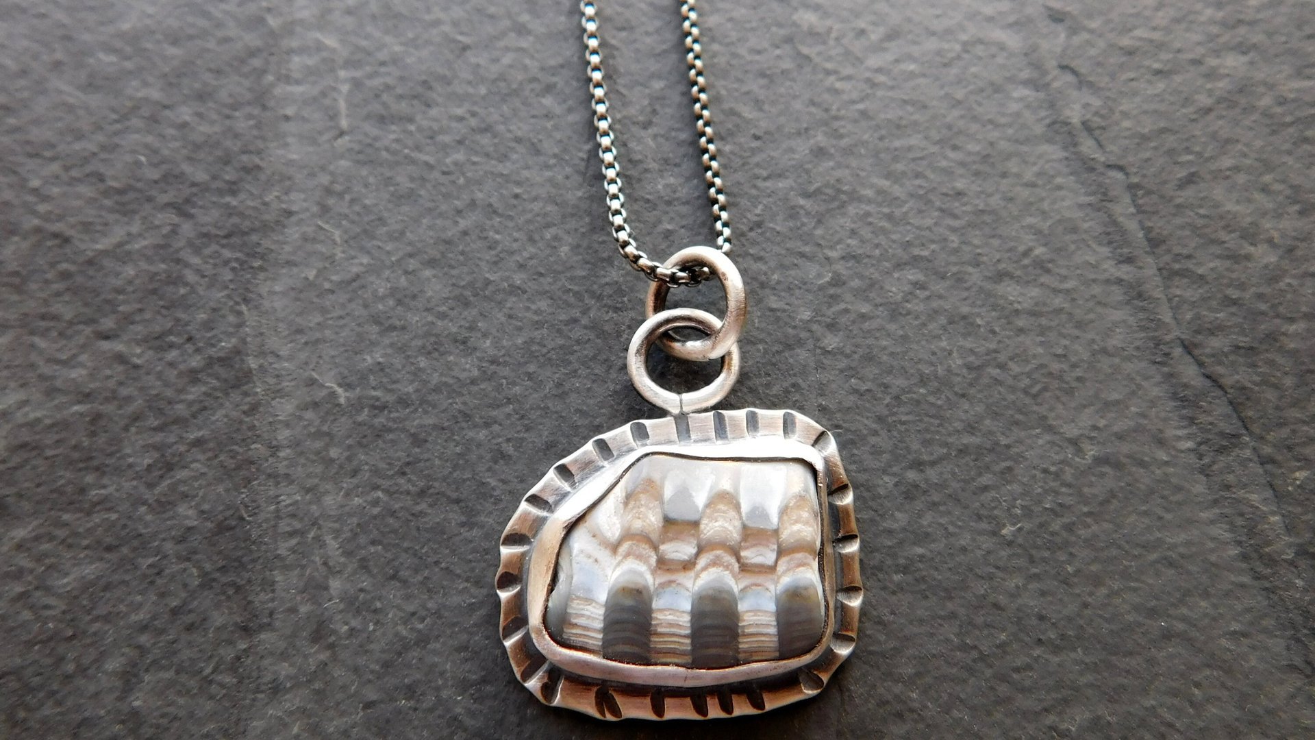 Fossil Clam Shell Sterling Silver Stamped Beach Pendant Necklace