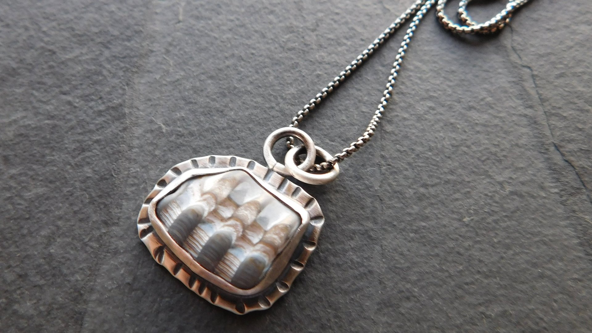 Fossil Clam Shell Sterling Silver Stamped Beach Pendant Necklace
