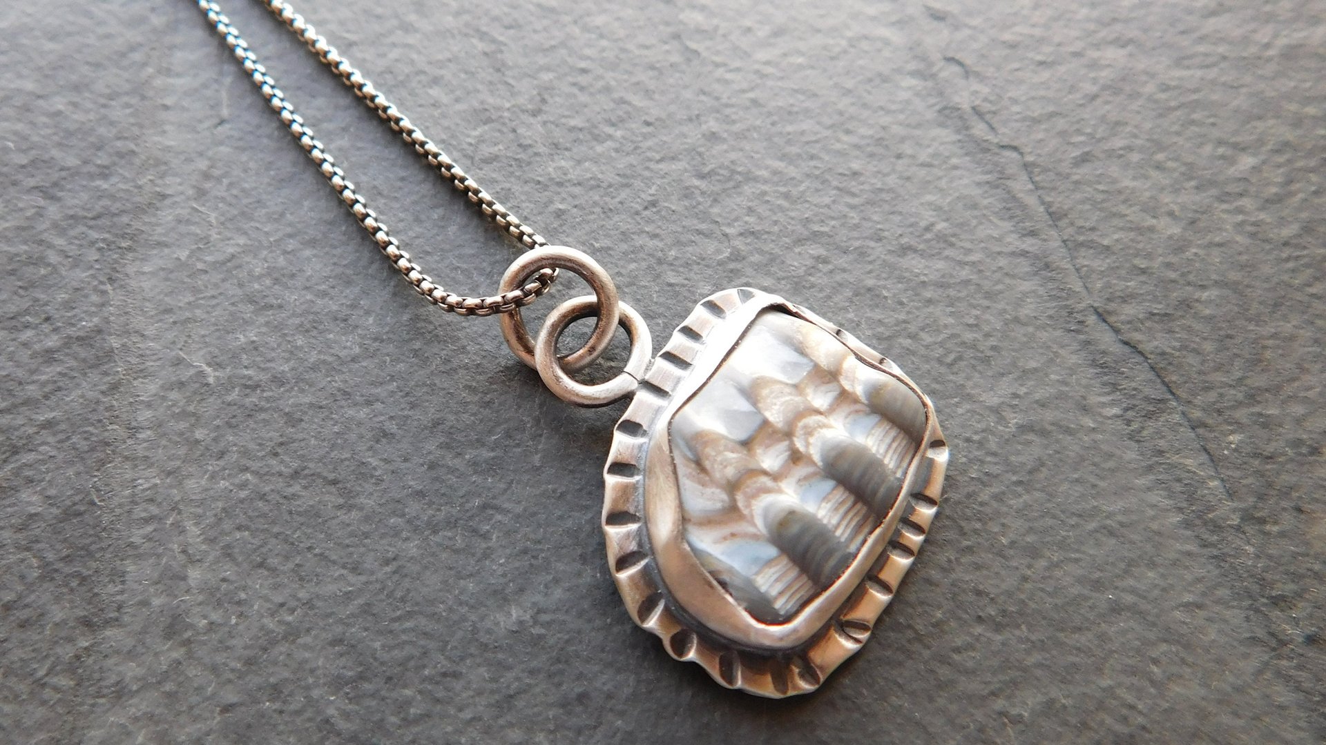 Fossil Clam Shell Sterling Silver Stamped Beach Pendant Necklace