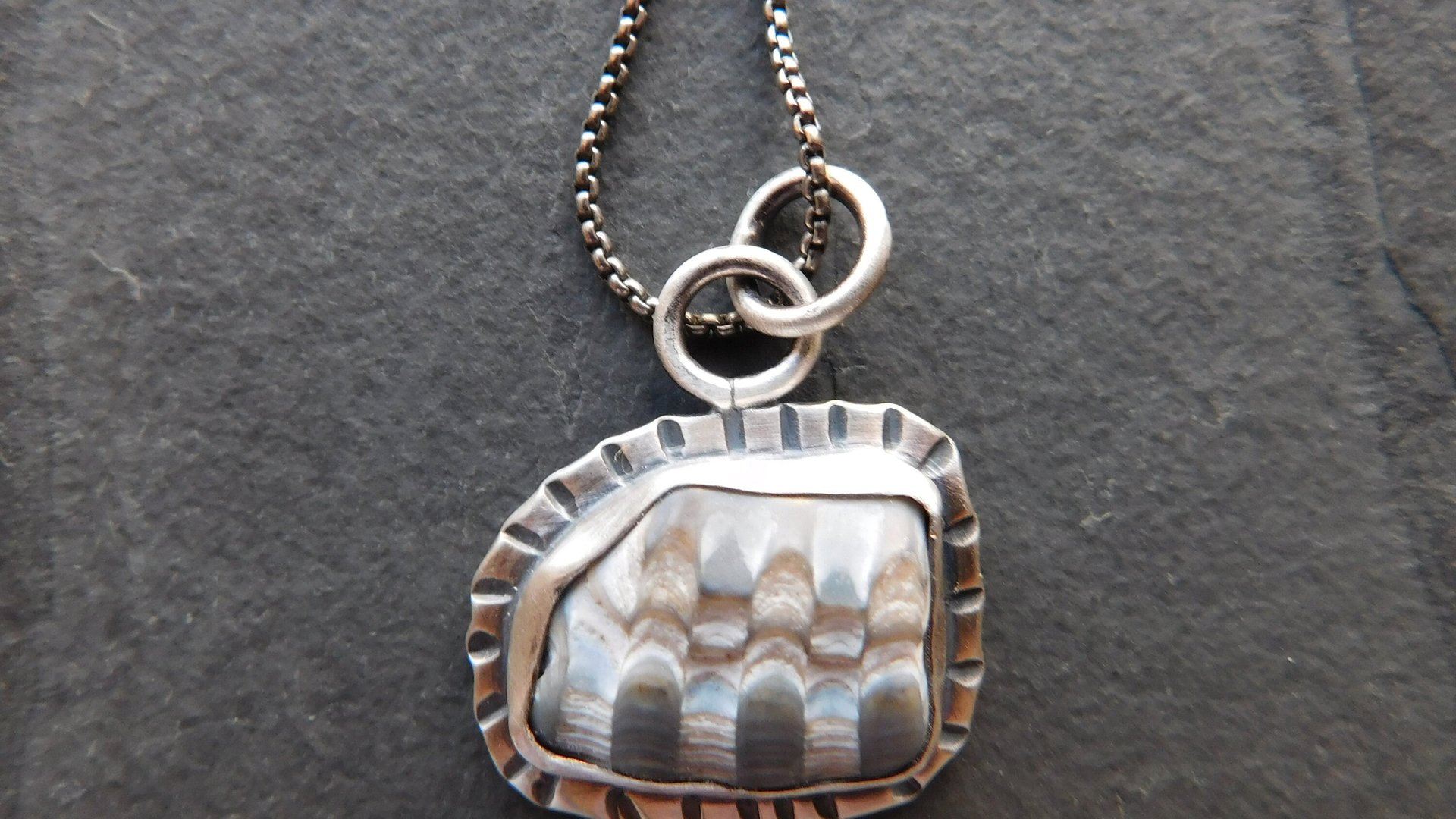 Fossil Clam Shell Sterling Silver Stamped Beach Pendant Necklace
