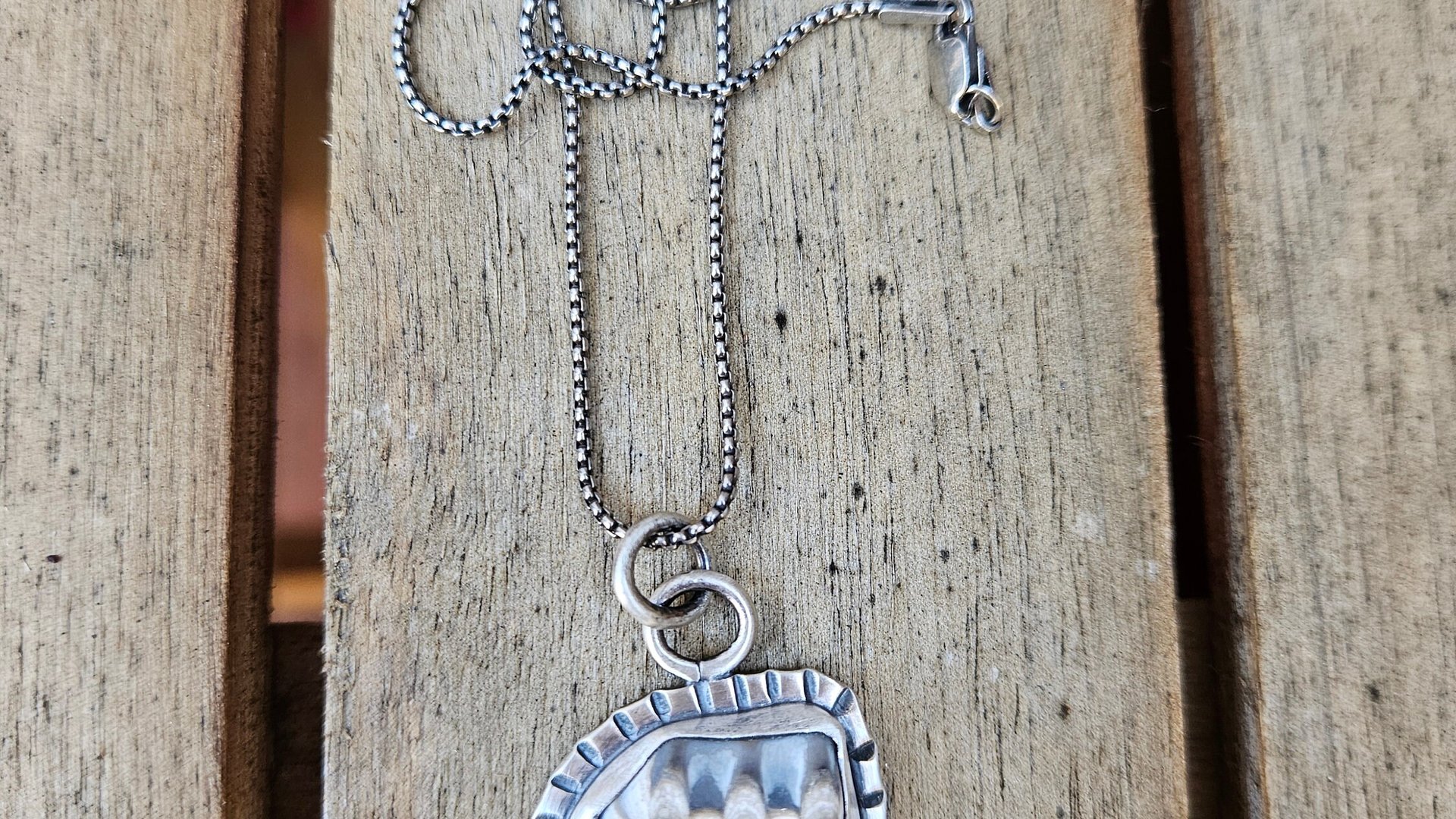Fossil Clam Shell Sterling Silver Stamped Beach Pendant Necklace