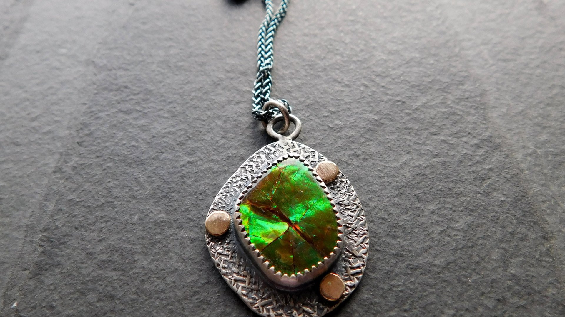 Neon Green Orange Flash Ammolite Oxidized Sterling Silver 14K Gold Textured Pendant Necklace