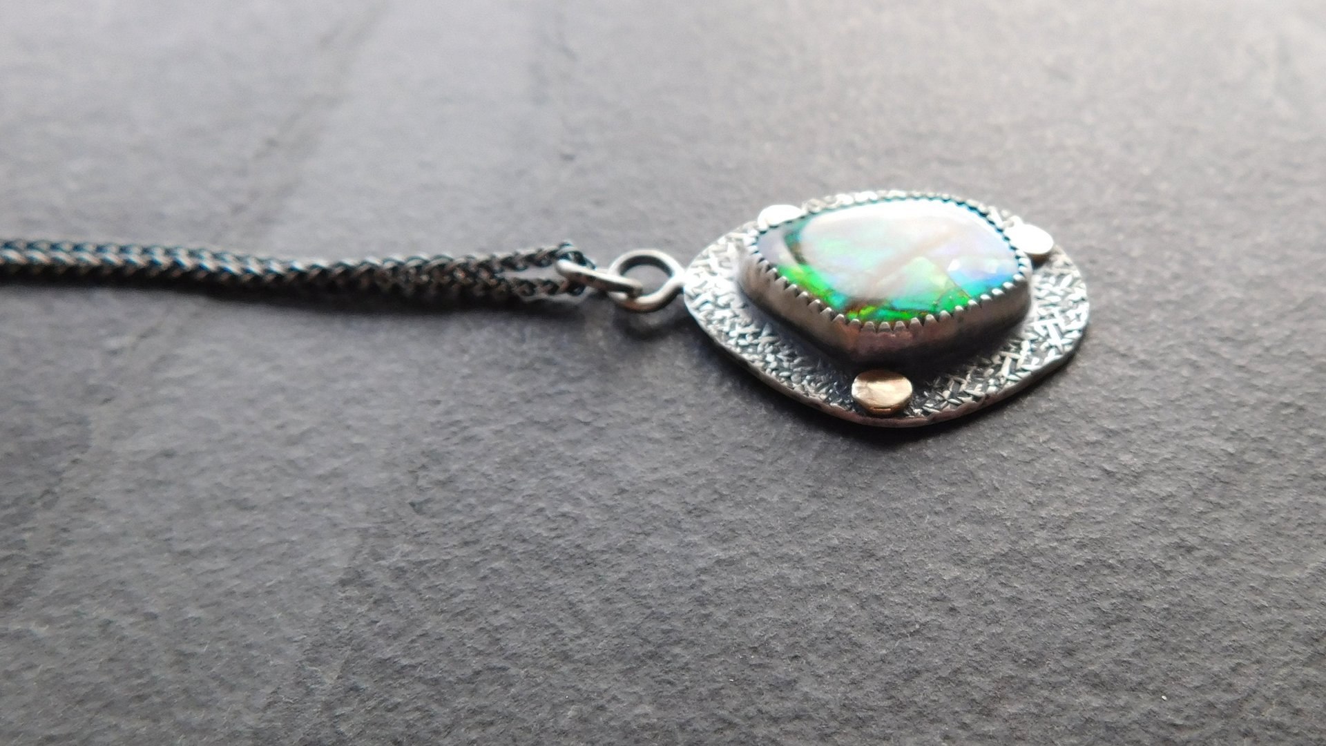 Neon Green Orange Flash Ammolite Oxidized Sterling Silver 14K Gold Textured Pendant Necklace