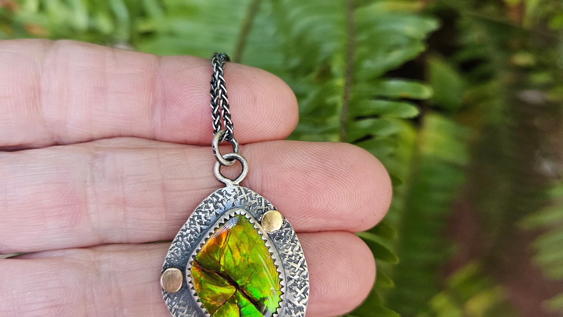 Neon Green Orange Flash Ammolite Oxidized Sterling Silver 14K Gold Textured Pendant Necklace