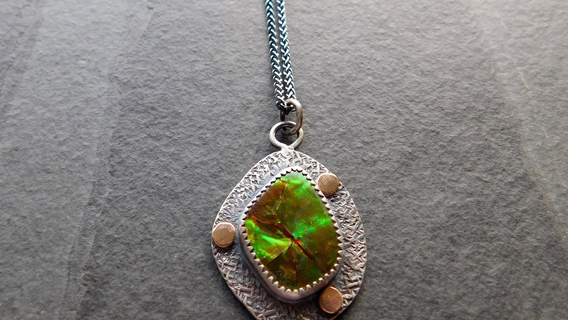 Neon Green Orange Flash Ammolite Oxidized Sterling Silver 14K Gold Textured Pendant Necklace